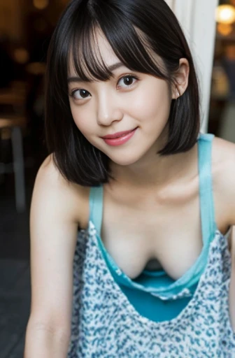 （There is a woman sitting at a table drinking beer, bar girl, In a tatami room, with a drink, Drinking beer, In the pub, In the pub, at bar, drinking beer at bar, Drink at the bar）in a house、downbrouse、No bangs:1.10、straight flat chest:1.20, (leaning-forward:1.3)、（Woman with beer）、(Oversized dress、Loose dress、Low Cut Dress:1.5)、bra very.10, Pink areola is visible:1.20,  A Cup:1.20, Erotic, (top-quality、8K、32K、​masterpiece)、japanes、20yr old、Very pretty girl、Beautuful Women、crouching down、Bright smile、shinny skin、blurry backround、Ear hooks:1.20, A dark-haired:1.10, Upper body close-up、Shot from above、A refreshing smile,Alafed Girl, chiho, iwakura lain, closeup Iwakura Lain, With short hair, Shiori Teshirogi, Kotegawa Yui, hime-cut, She is 20 years old, sui ishida with black hair, lain iwakura, girl cute-fine-face, Clear pubic contours,(Small breasts), hight resolution, ighly detailed, top-quality, [​masterpiece:1.6],, ighly detailed, nffsw, finely detail, top-quality, , Cinematographic lighting, 1girl in、20yr old、Cute Japan Girls、perfect body type、, Cute droopy eyes、Beautiful big eyes、ultra-detailliert、hight resolution、Transcendent beauty　top-quality、​masterpiece、majicMIX Real、(Raw photography:1.2)、(Photorealsitic:1.4)、