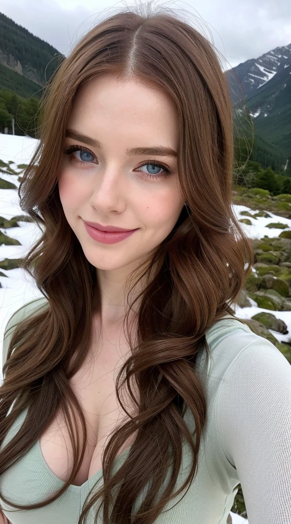 Pretty woman, 1girl, similar to Amouranth,cute,huge natural breasts, red hair curly/flowing, detailed dark green eyes and face, not to skinny, naughty smile, make it ultra-realistic, western european girl, in the snow in the mountains, clothing colour needs to be anything but green, EXTREMELY DETAILED BLUE EYES
