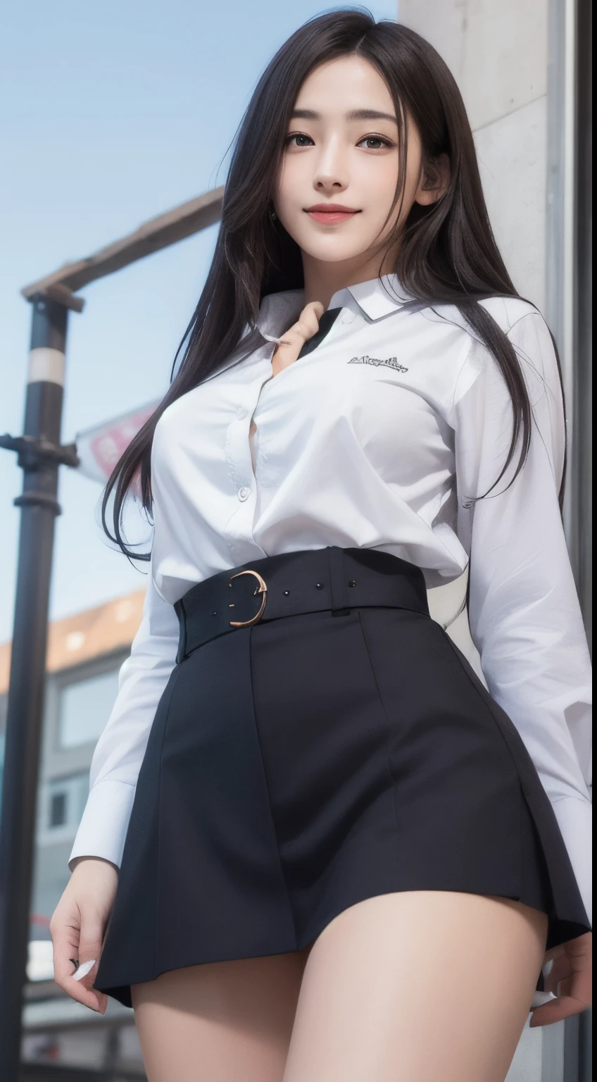 Photorealistic, masutepiece, Best Quality, Raw photo, 1girl in, Solo, Long hair, Brown hair, Detailed face, alluring face, sad smile、From thigh up、Collared shirt, medium breasts, Dynamic Pose, Looking at Viewer, From below, Detailed background, fine detailed, intricate detailes,  Ray tracing, depth of fields, lowkey, nffsw