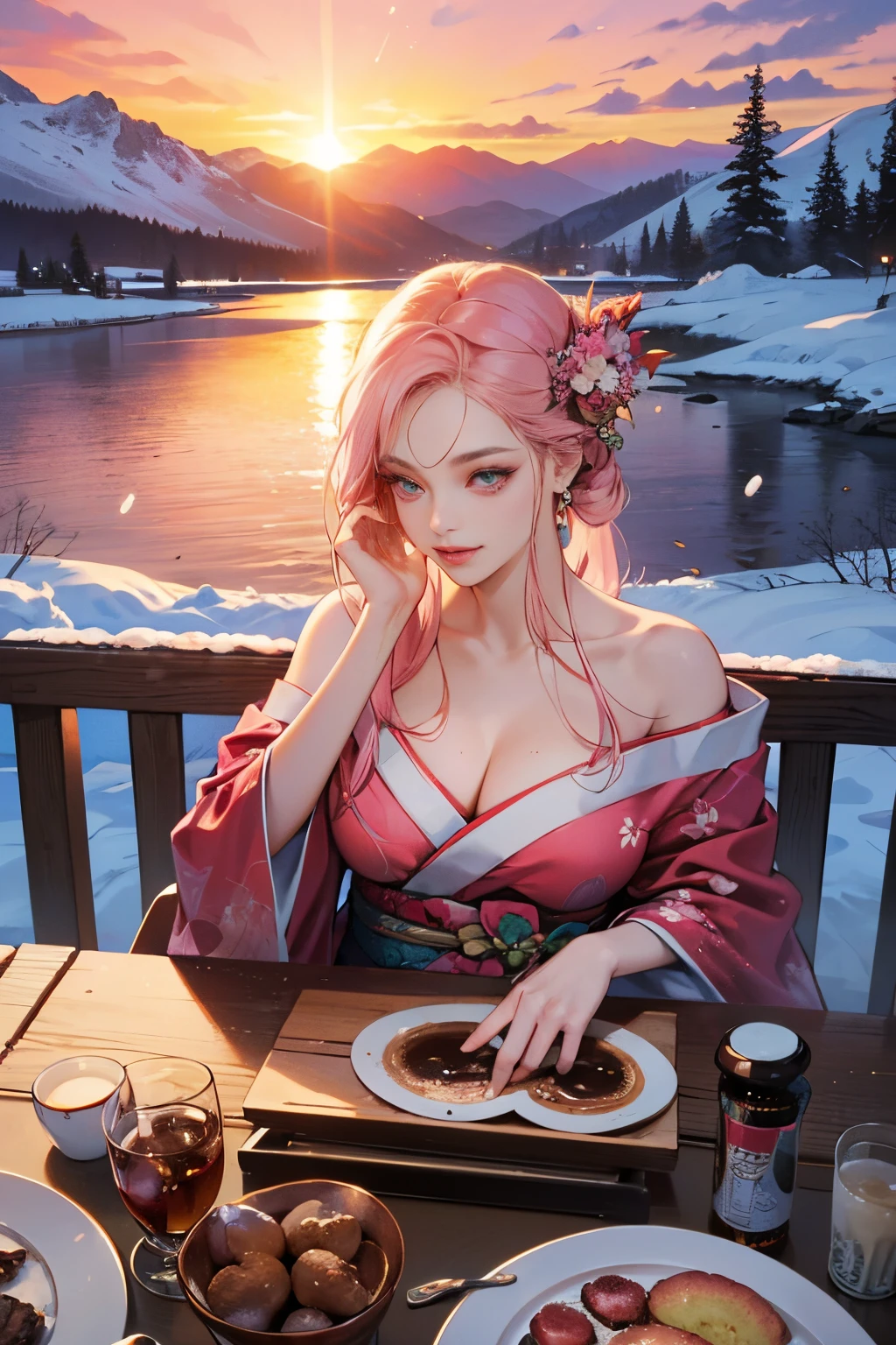 ((On the table、top-quality、Top image quality、8K、winning artwork))、A goddess、(The most gorgeous and luxurious goddess outfit:1.3)、(Goddess's most beautiful outfit in pink:1.3)、(The most luxurious pink and red long-sleeved kimono:1.3)、(upper body photos:1.1)、stlouis,Accurate dissection、The brightest smile when you look at me、(cleavage:1.2)、(show your shoulders:1.1)、(Expose beautiful legs:1.1)、(Stand gracefully:1.1)、The most complicated、The most luxurious decoration、Lots of jewelry、(tas'It snowed heavily:1.1)、dreamy snow、most complex、The most detailed background、(The background is the vast snow-capped mountains:1.2)、(The vast view from the top of the snowy mountain:1.1)、Fantastic snowscape、(Wonderful and vivid sunset:1.4)、(Spectacular cinematic lighting:1.u can see the beautiful lake at the foot of the mountain.:1.1)、(perfect make-up、Long eyelashes、Pink eyeshadow)、(Accurate dissection:1.2)
