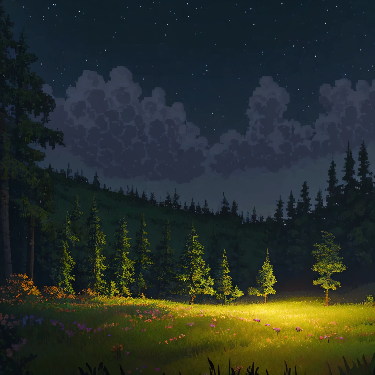 dark grass field in the middle, lake in the distance, forest trees nearby, fantasy house nearby, pixel world, dark night, no random light on the field, night time, very dark