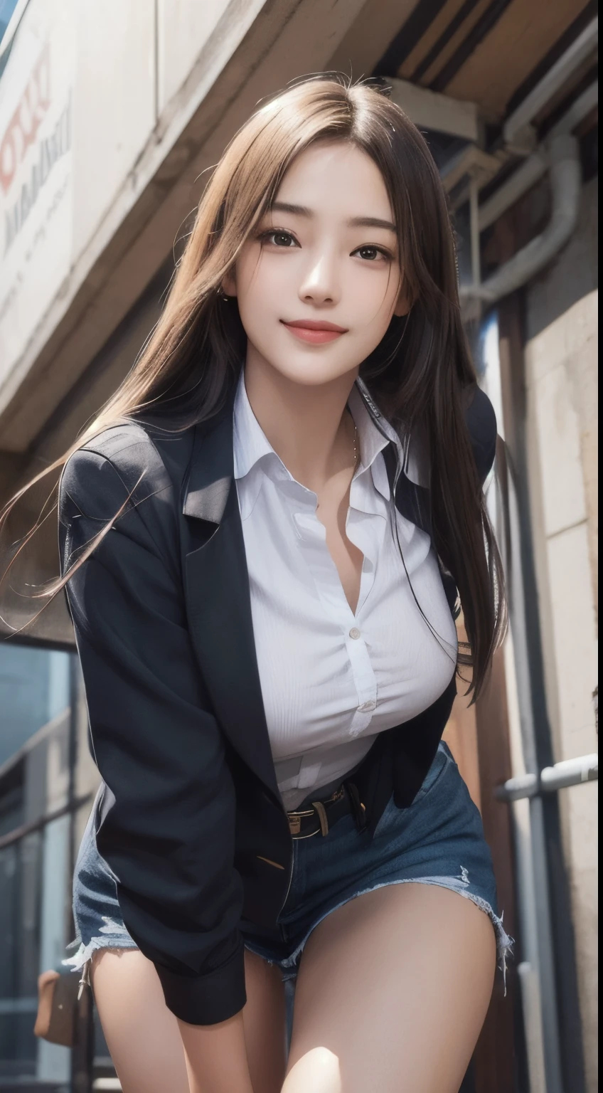 Photorealistic, masutepiece, Best Quality, Raw photo, 1girl in, Solo, Long hair, Brown hair, Detailed face, alluring face, mournful smile、From thigh up、Collared shirt, medium breasts, Dynamic Pose, Looking at Viewer, From below, Detailed background, fine detailed, intricate detailes, Ray tracing, depth of fields, lowkey, nffsw