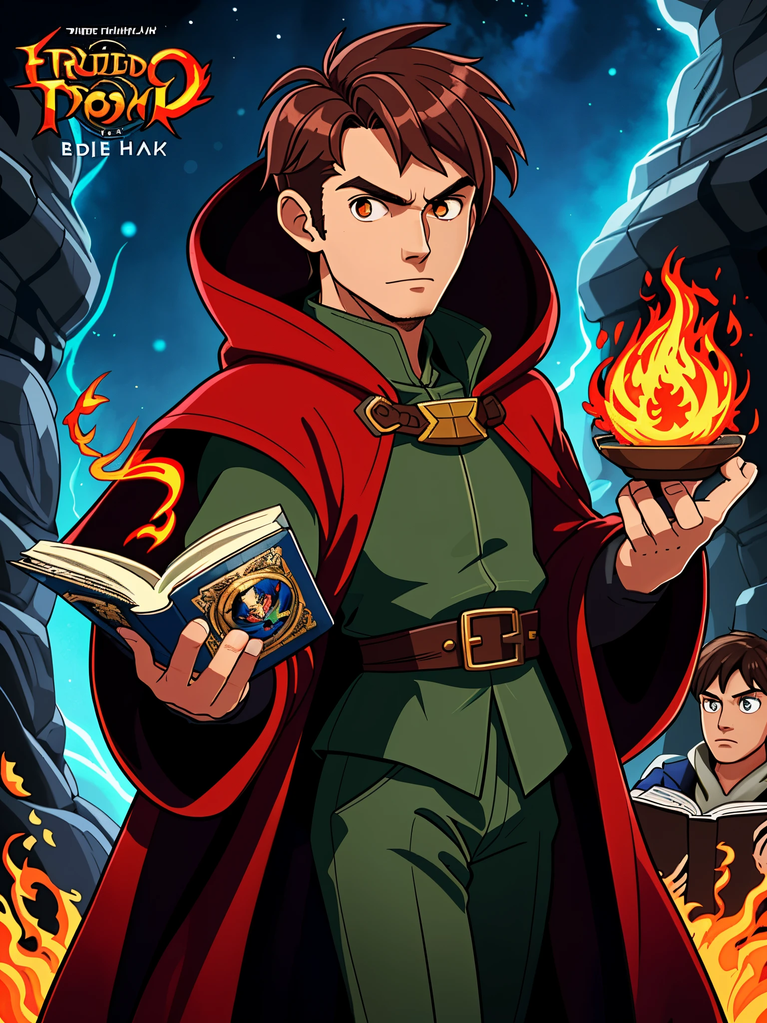 Close-up of people in cloak, official character art, official character illustration, character art closeup, Man traveler, full body portrait, detailed character art, detailed character portrait, Comic book cover art, The spellbook, casting fire spell,fire on hand, 32K, Linen cloak, Top quality, 1boys,spiky brown hair,night in tavern,(masterpiece,hyper HD,16k),stoic, inside buliding,brunette color hair, trouser, firey