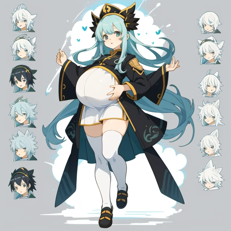 Anime style character image with various hair and accessories, anime set style, Animation Character Reference List, fantasy uniform, Flat anime style, Anime full body illustration, full_body!!, full detailed body, extra detailed body, anime vtuber full body model, Soft anime illustration, Anime style characters, clean and meticulous anime style, pregnant