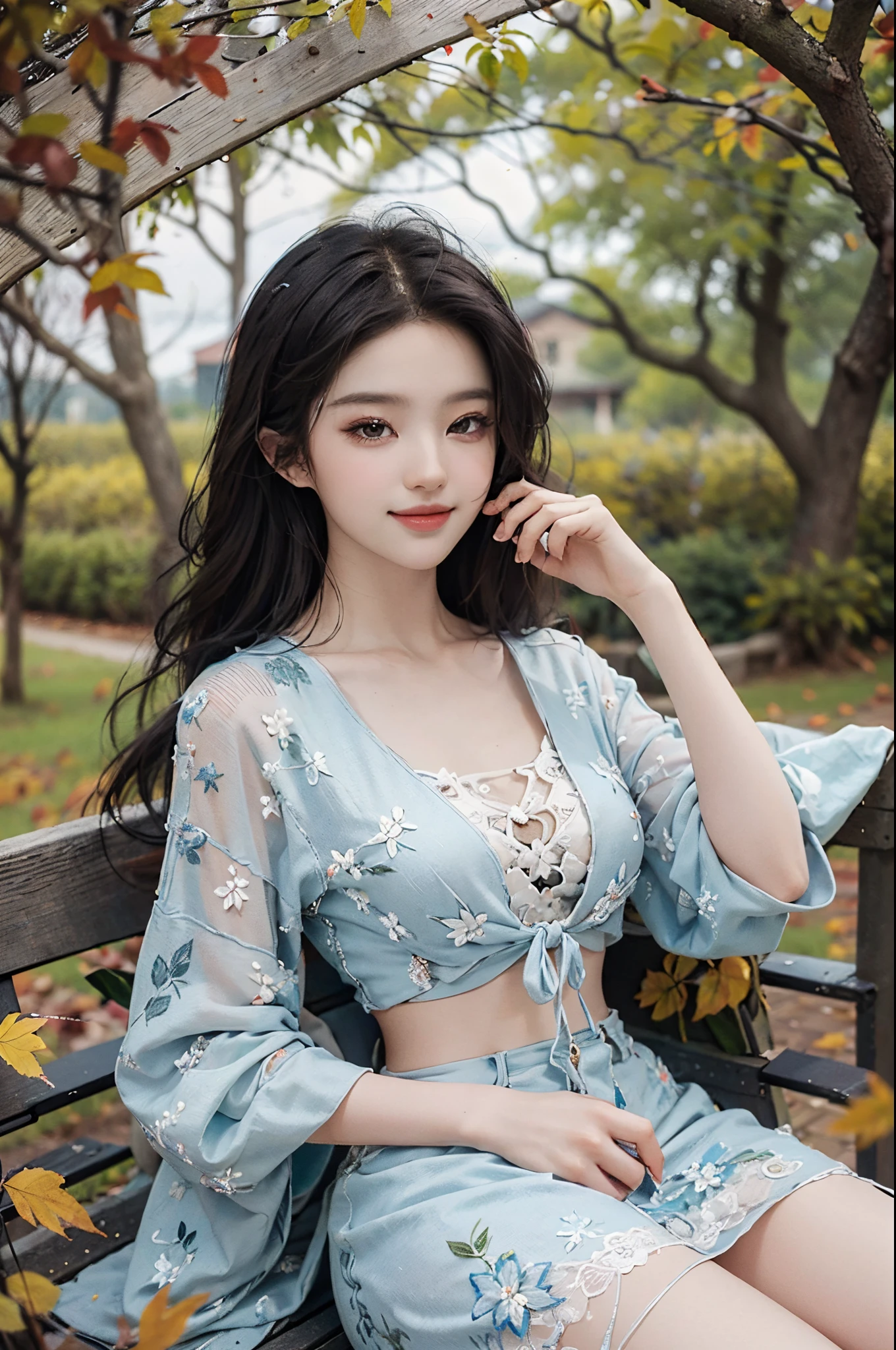 dress,fashi-girl, liuyifei,(best quality,4k,8k,highres,masterpiece:1.2),ultra-detailed,realistic:1.37,portrait,beautiful girl,youthful female model,sweet girl,masterpiece,extremely detailed description,super fine painting,exquisite face,slim figure,long legs,smile,radiant smile, Sitting on the bench of the gazebo, autumn, autumn wind and leaves