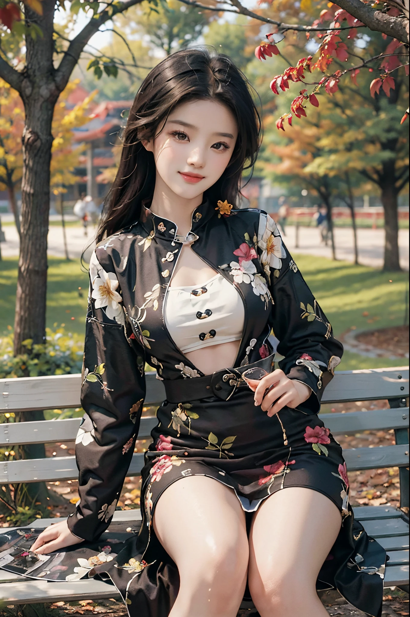 dress,fashi-girl, liuyifei,(best quality,4k,8k,highres,masterpiece:1.2),ultra-detailed,realistic:1.37,portrait,beautiful girl,youthful female model,sweet girl,masterpiece,extremely detailed description,super fine painting,exquisite face,slim figure,long legs,smile,radiant smile, Sitting on the bench of the gazebo, autumn, autumn wind and leaves