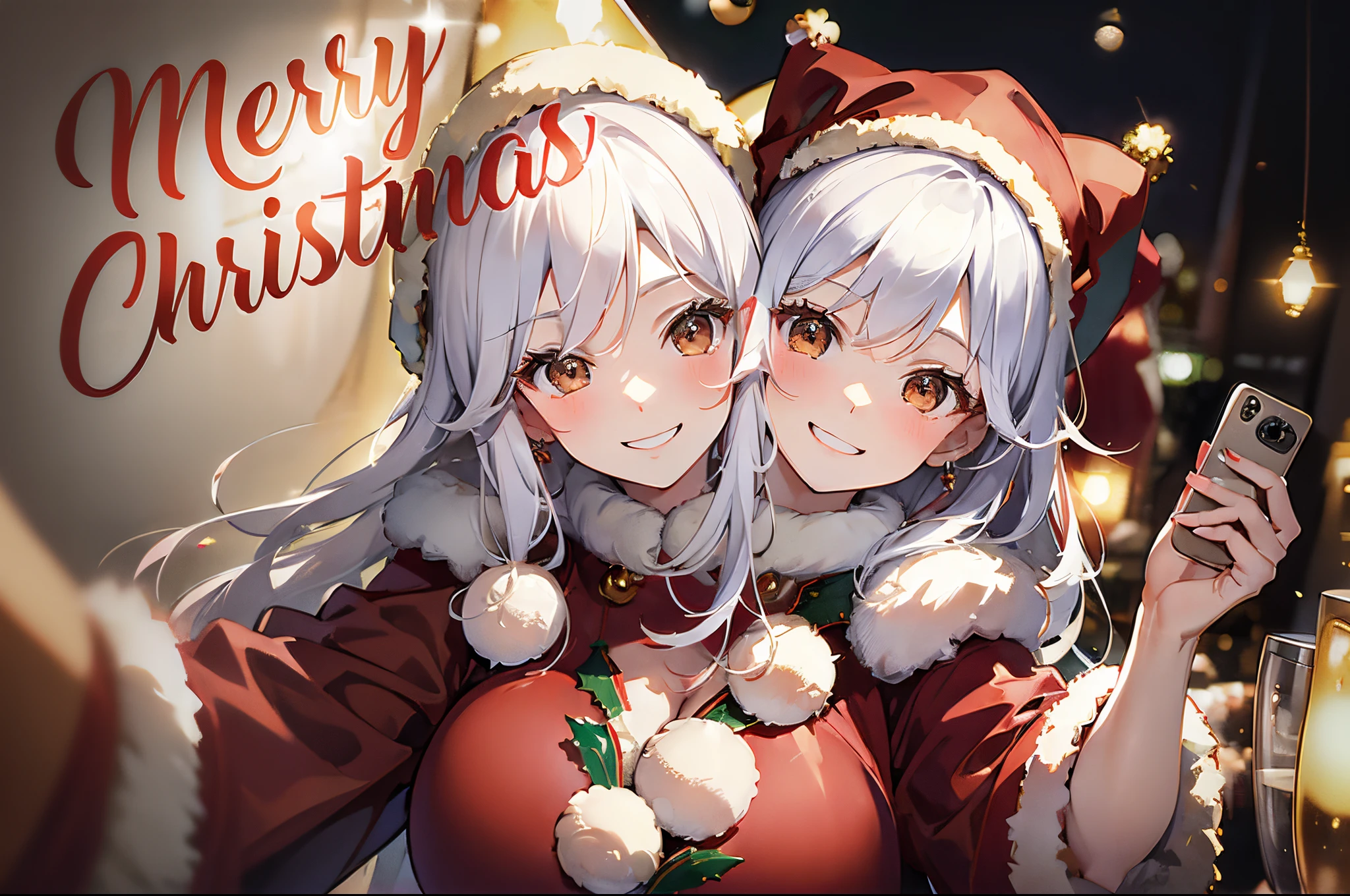christmas postcard, (masterpiece, best quality), best resolution, (2heads:1.5), 1girl, red parka, white hair, brown eyes, smiling, happy, selfie, giant christmas tree in background