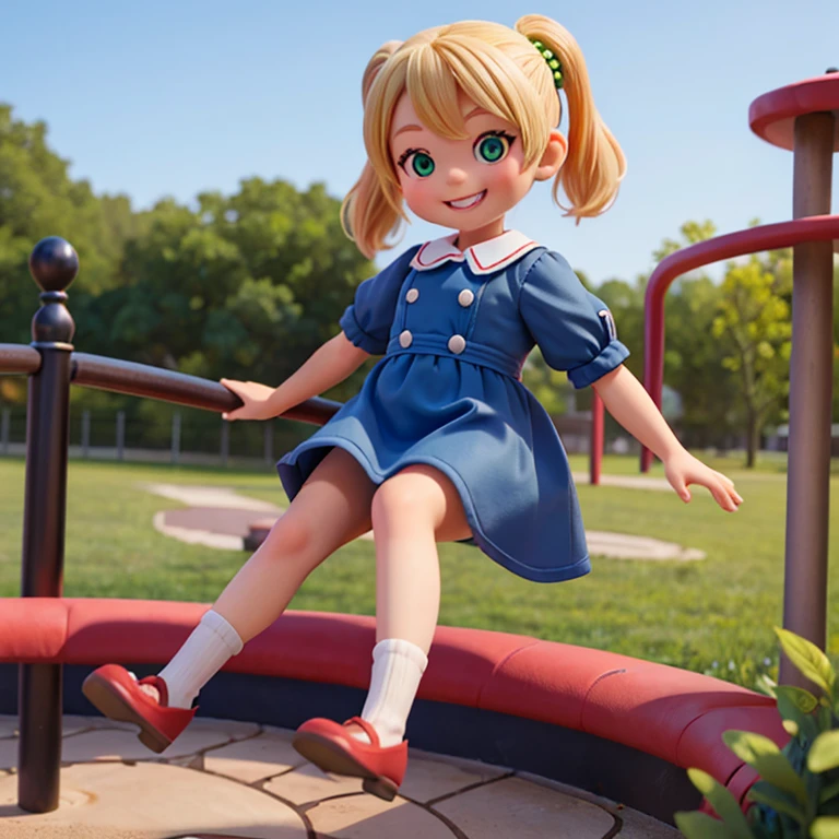 A smiling child with blonde hair tied in a pigtail and green eyes wearing a navy blue dress playing on a playground