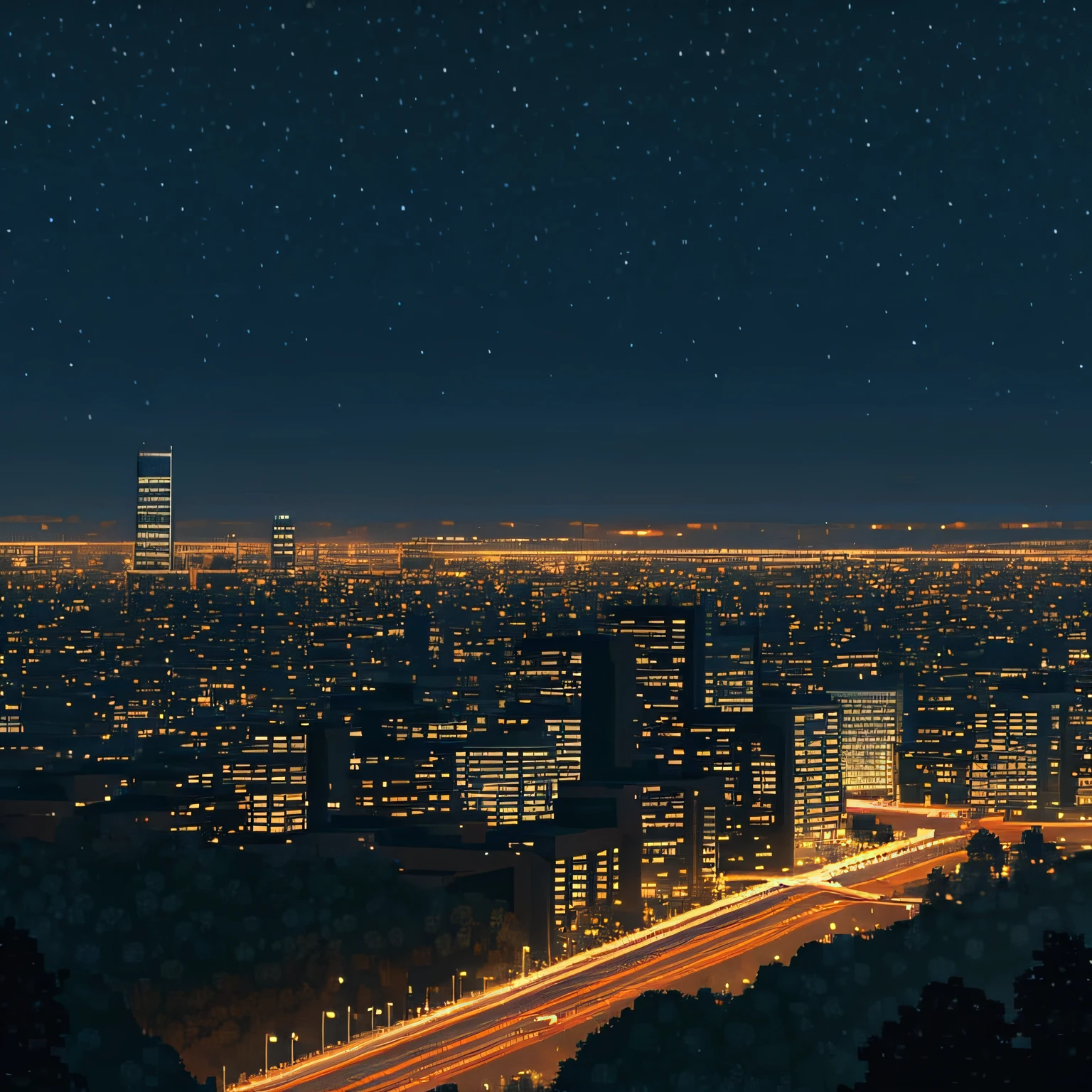 modern dense city skyline, multiple skyscrapers and office buildings, pixel world, nighttime, dark night