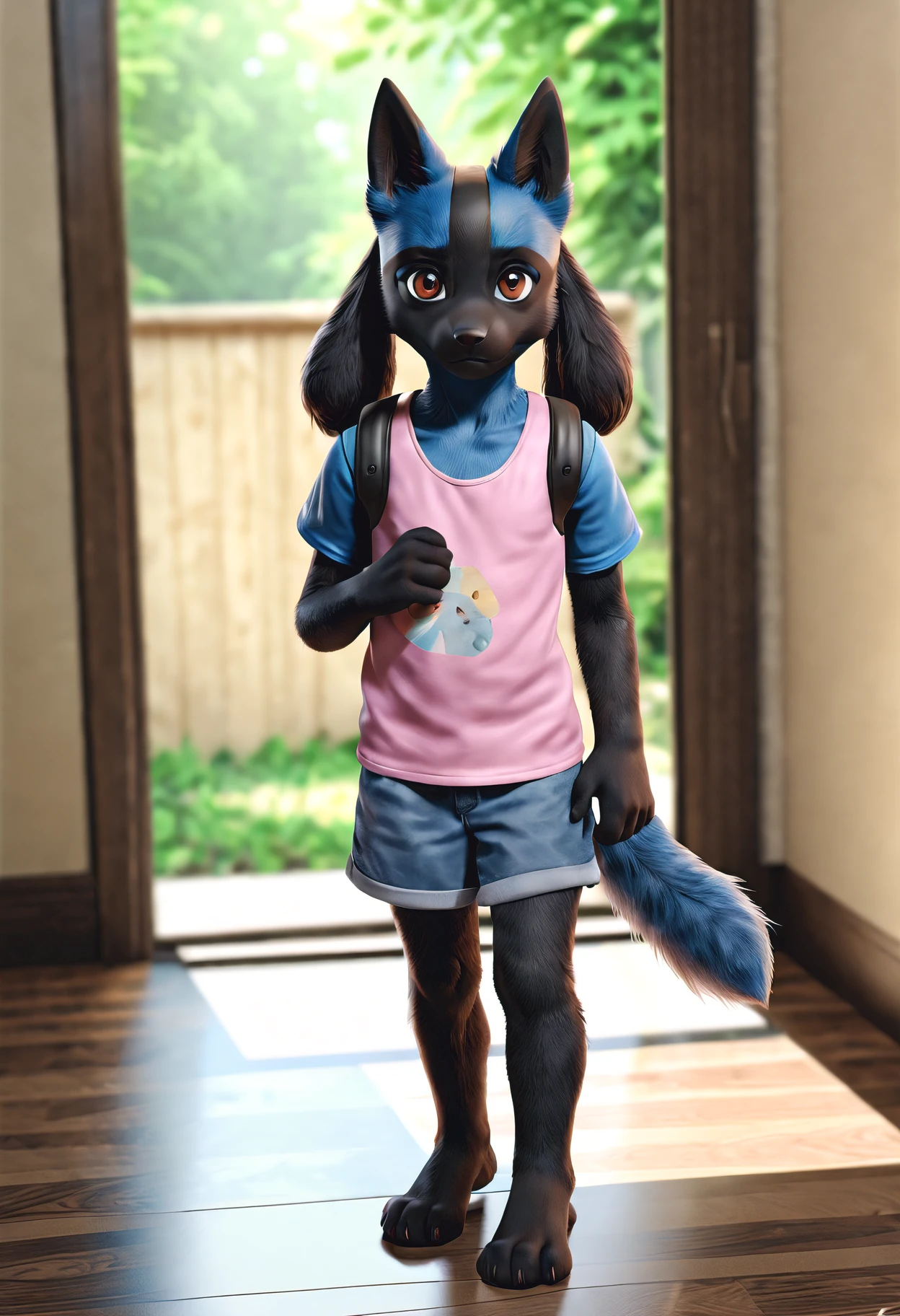 hyperrealistic, realistic, highly detailed, 8k, photo, solo, full body, photograph of a young furry, lucario ,, furry, furry female, body fur, animal ear fluff, young woman, 1girl, perfect, sfw, safe