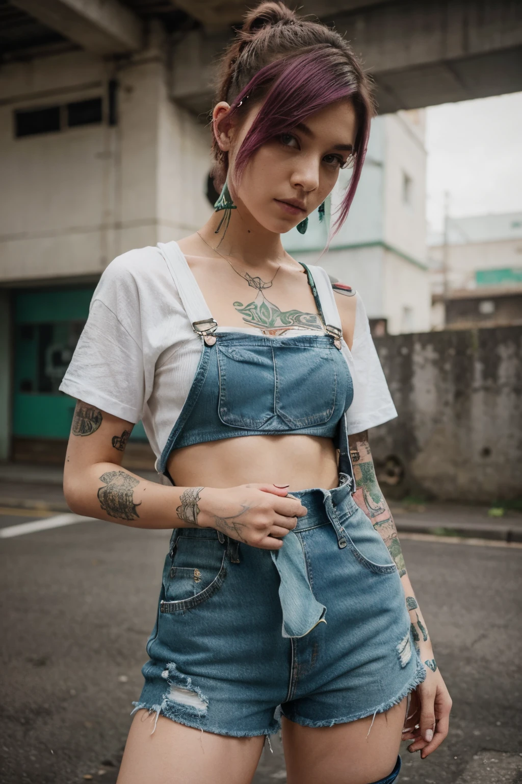 perfect girl, cabelo com corte undercut verde e rosa, cyberpunk, wearing denim overalls and a white ripped t-shirt, tatuada