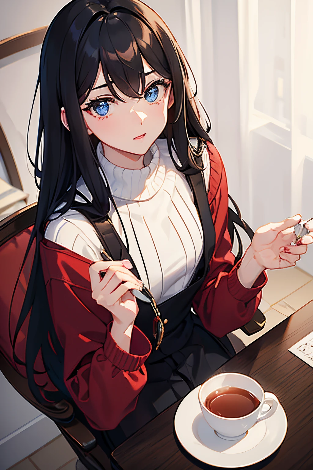 male people A dark-haired blue eyess Red coat Sweaters Black slacks long boots Christmas cake and tea masterpiece Top image quality denoise Clear cinematic shadow Increased attractiveness of the eyes Clear the shine of the eyes Draw eyelashes neatly Perfect Eye A detailed eye Sharpen image quality Sharpen eye writing Clear eye shape