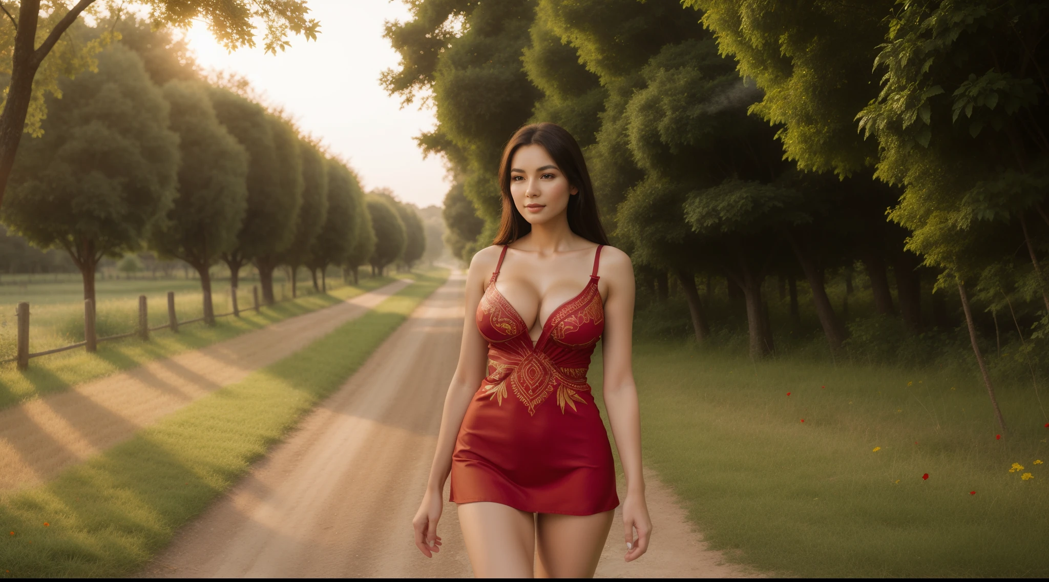 (((a girl alone:1.4))),((full-body, cinematic-shot)),(best quality,4k,8k,highres,masterpiece:1.2),ultra-detailed,(realistic,photorealistic,photo-realistic:1.37),(beautiful and aesthetic:1.2),vibrant colors,(film grain:1.3).

(((1girl))),(((solo))),(18years-old),[Clotilde-Fatimah-Carmelita],(sharp focus:1.5),pearl skin,(skin pores:1.1),extremely detailed face and skin texture,(skin texture:1.1),black hair,tall and slender body,(192cm tall),thin and delicate figure,graceful posture,flawless skin,defined abs,perfect curves,feminine appearance,beautiful long legs,embodying elegance and beauty,(cleavage breasts,large breasts:1.4),((wearing a (red:1.4) (ultra-short:1.4) batik minidress:1.4)),extremely detailed and realistic (red) clothes.

[peaceful,serene,sunlit village,countryside,beautifully lit landscapes,dew-kissed grass,tranquil atmosphere,rural life,harmonious,taking a stroll,serene morning,small cottages,warm sunlight filtering through the trees,inviting paths,fragrant flowers,birds chirping,fresh air,clear blue sky,smoke rising from chimneys,peaceful village life,subtle morning haze,homesteads,traditional architecture,flourishing gardens,flock of birds flying overhead,dewdrops on leaves,serenity of nature,vivid green fields,lush trees and vegetation,gentle breeze rustling the leaves,jubilant sounds of nature,warm greetings,quaint village square bustling with vendors,friendly atmosphere,spontaneous conversations,folklore and traditions passed down through generations,freshly baked bread,aroma of coffee,farm animals grazing on the outskirts,deep connection with nature].

Angelic ethereal beauty,studio photography,professional photography.