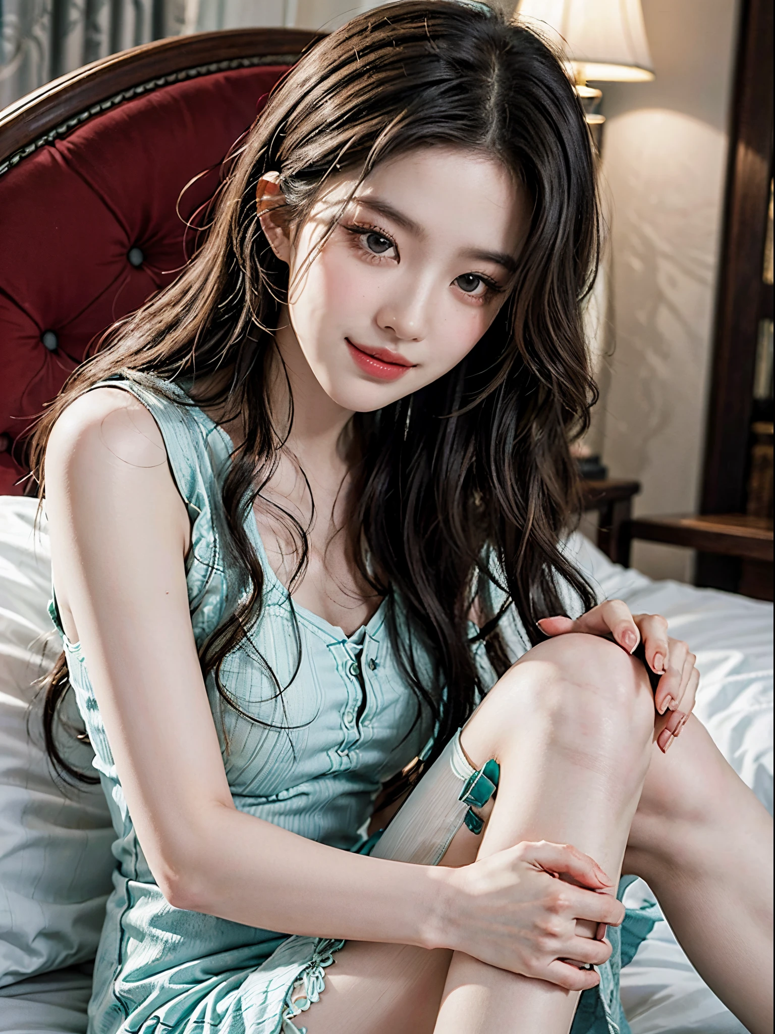 Special clothes58,white dress,pantyhose,green ribbon,striped,fashi-girl, liuyifei, ((cowboy shot)), (best quality, masterpiece:1.2), ultra-detailed, (realistic:1.37), beautiful, youthful, glamorous model with (detailed eyes, detailed lips, extremely detailed eyes), Lie in bed, in a knee shot, with white and floral colors, showcasing a radiant smile, slender figure, long legs, creating a breathtaking depiction of a girl enjoying the sleep