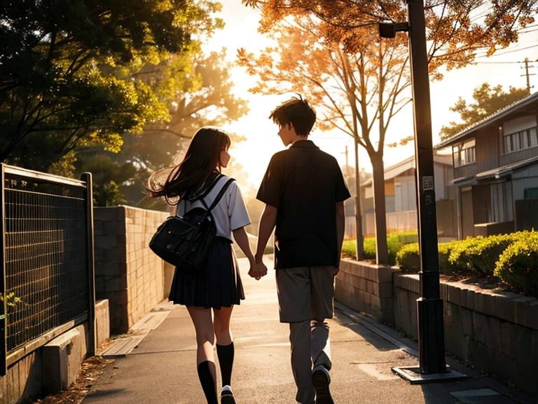 evening glow,Way back,(youthfulness:1.2),Black silhouette of boy and girl holding hands,校服、High school students,Fantastical