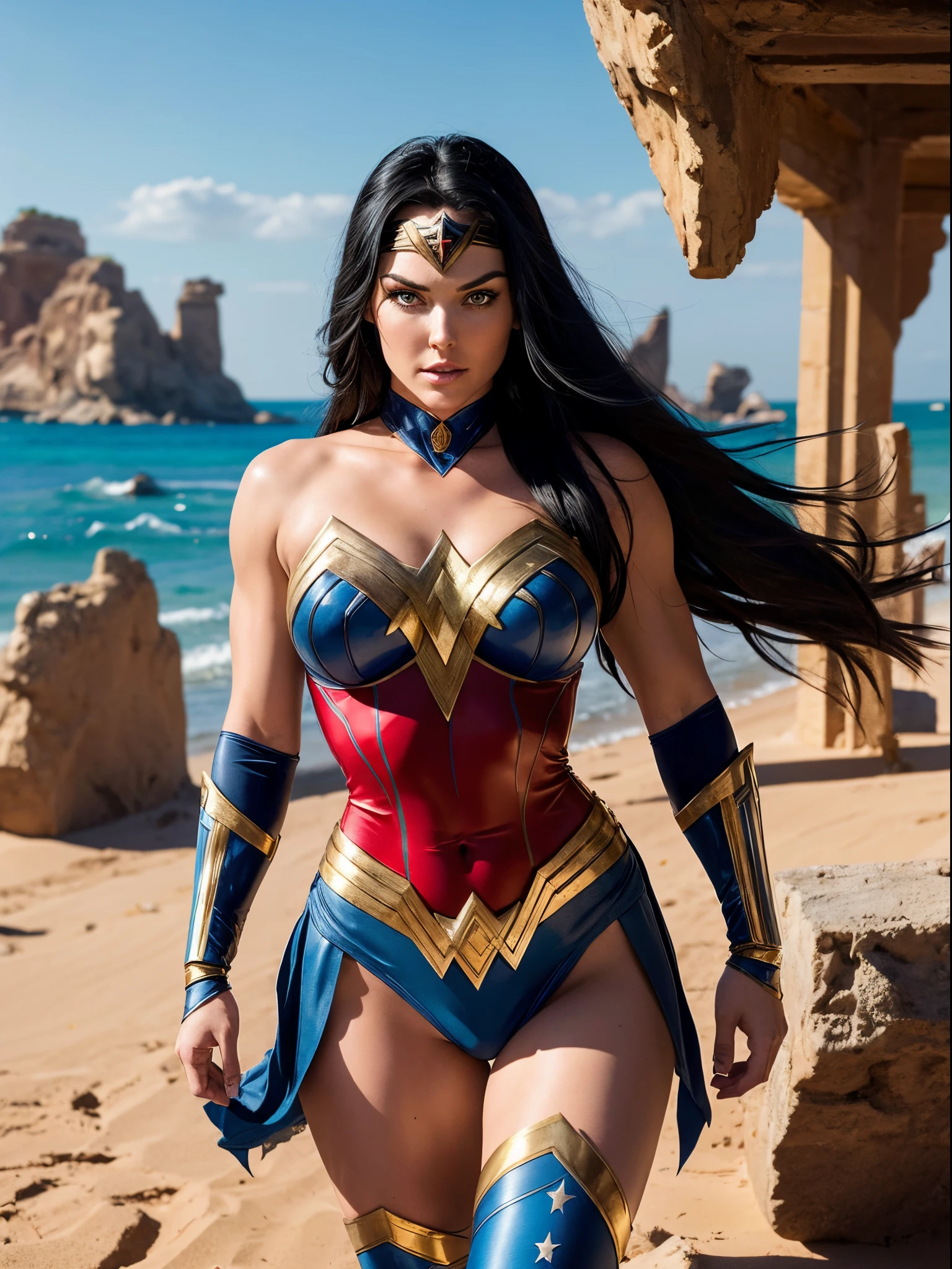 BLACK HAIR LINDSEY VONN AS WONDER WOMAN ( DC COMICS ), BLUE RED ARMOUR, HUGE LONG HAIR, SHINING BLACK HAIR, PALE SKIN, BLUE EYES, STRONG FACE EXPRESSION, GOLDEN TIARA, GOLDEN GAUNTLETS, GOLDEN BRACELETES, NAVY BLUE UNDER ARMOUR, ATHLETIC CURVY BODY, STRONG ARMS, STRONG LEGS, MUSCLES, GREEK ARCHITECTURE, DESERT ISLAND, SEA, BLUESKY, SUN, MASTERPIECE