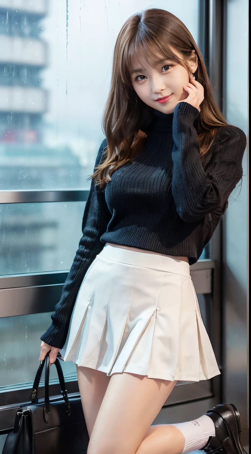 top-quality、Top image quality、​masterpiece、fully body photo、25 years old women、dark brown medium wavy hair、bangss、Beige turtleneck sweater、Long flared skirt、(((Skirt flipping in the wind、I can see all my panties)))、long boots、Black stockings、breasts of medium size,、leaning-forward、stick out buttocks、Looks Back、((Puffy nipple))、soft boob、、Kamimei、 Shy laughter、Poolside with sea view、Pink panty