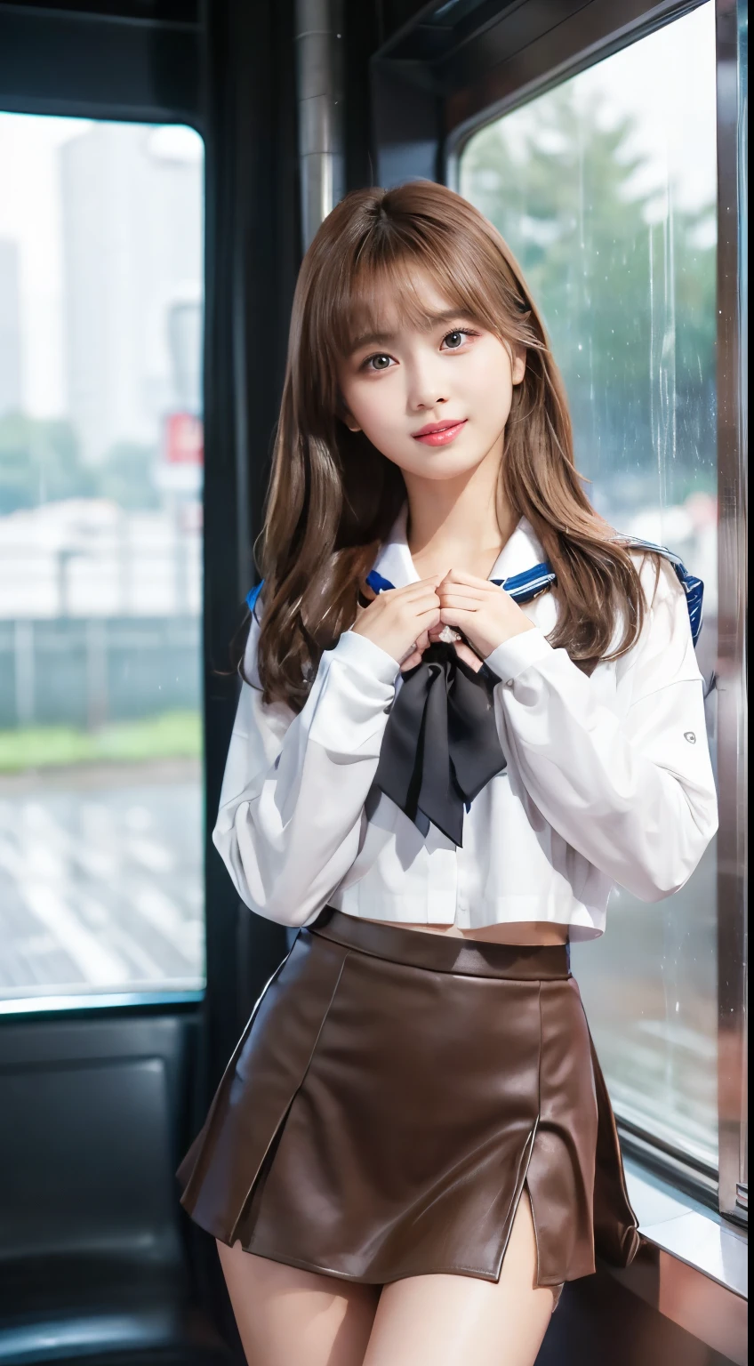 top-quality,ultra - detailed,tmasterpiece,hentail realism,Photorare,Bright lighting,1 girl in, Camera color temperature 3800k、an extremely beautiful -yeld gi (kawaii:1.6),Thin smile, (Brown eyes),(dark brown hair),(By bangs),perfect glossy shiny skins,flawless skin,((erotick,Sexy and sexually explicit)),((Exact pointers,No discomfort)), large full breasts,big breasts thin waist, looking at viewert,((a sailor suit)),((Long sleeve uniform white shirt)),(Enzi's tie),((dark brown super mini skirt、No slit)),(((Skirt lift with their own hands))),(lifted by self),(She shows her panties.),lace and black panties,Panty Focus,(Stand with your feet together)), sockes, (Miniskirt, Black socks),(Loafer shoes), In the daytime,Station platform、stand through the window、Wearing a miniskirt、It's raining outside、The window glass is wet from the rain、