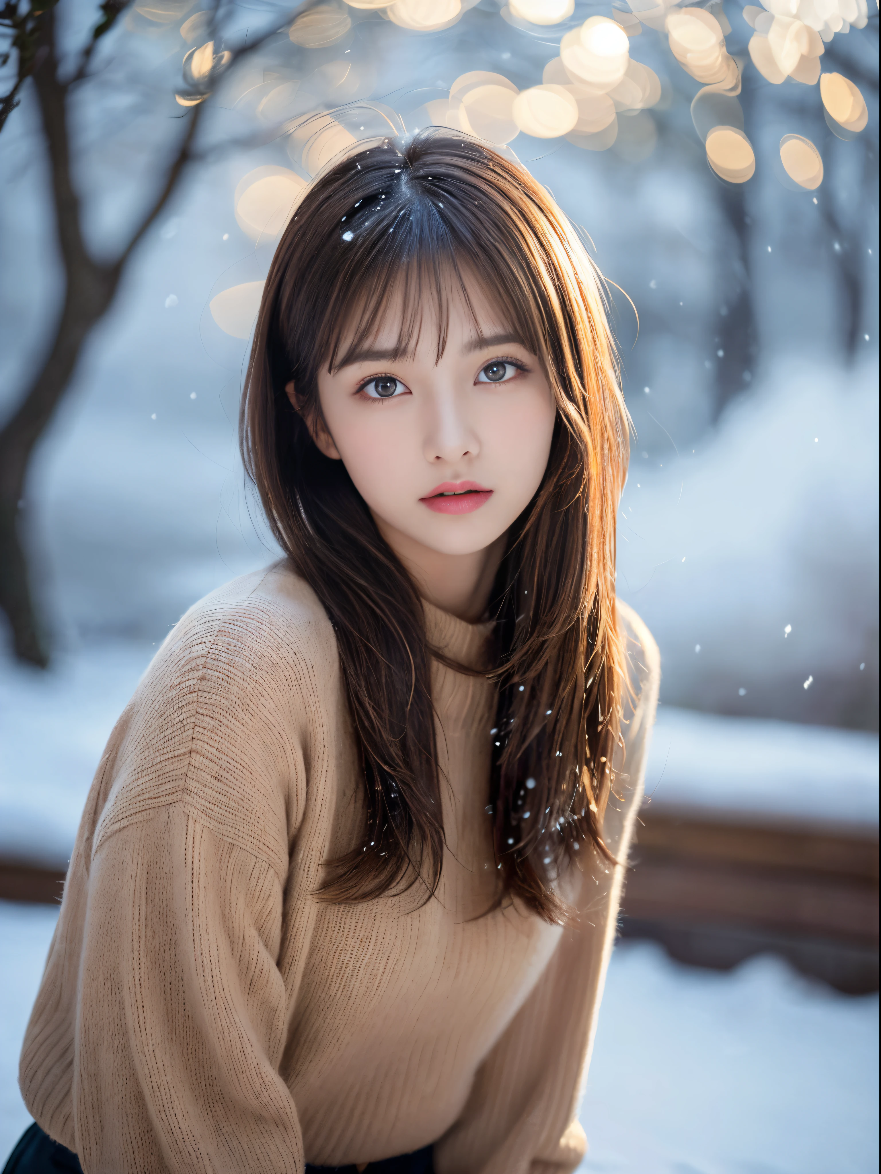 (masterpiece:1.3), (8K, Photorealsitic, Raw photography, The background is a winter park with falling powder snow..............、Top image quality: 1.4), 23-year-old girl、Super Detail Face、Eye of Detail、二重まぶた、foco nítido:1.5、prety woman:1.4、light brown hair、poneyTail、Natural Color Lip、top-quality、masterpiece、超A high resolution、(Photorealsitic:1.4)、very detailed and professional lighting、Women's fashion in winter、a miniskirt、slender、serious facial expression、Transparent skin、randome pose、Glowing hair、