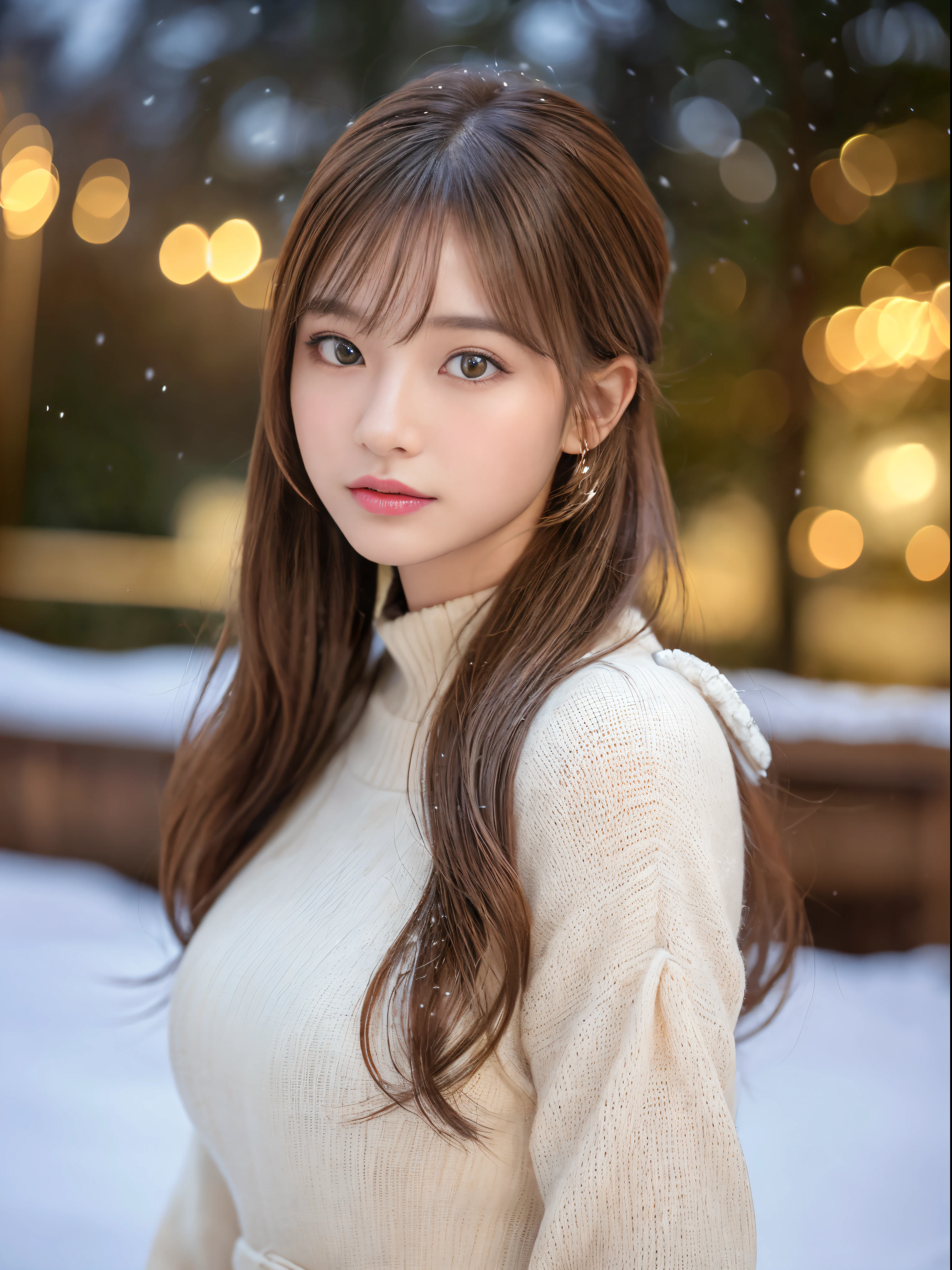 (masterpiece:1.3), (8K, Photorealsitic, Raw photography, The background is a winter park with falling powder snow................、Top image quality: 1.4), 23-year-old girl、Super Detail Face、Eye of Detail、二重まぶた、foco nítido:1.5、prety woman:1.4、light brown hair、poneyTail、Natural Color Lip、top-quality、masterpiece、超A high resolution、(Photorealsitic:1.4)、very detailed and professional lighting、Women's fashion in winter、a miniskirt、slender、serious facial expression、Transparent skin、randome pose、Glowing hair、