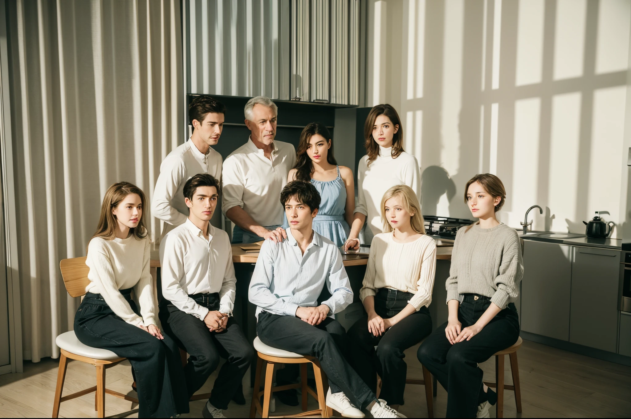 Six Americans sitting on stools, four Englishmen standing, boys and girls, at home in the kitchen, warm, indoor, realistic, photorealistic, lifelike, facial clarity, delicate face, front corner, high definition, 8K, high definition aesthetics, immersive details, exquisite, delicate, 4k