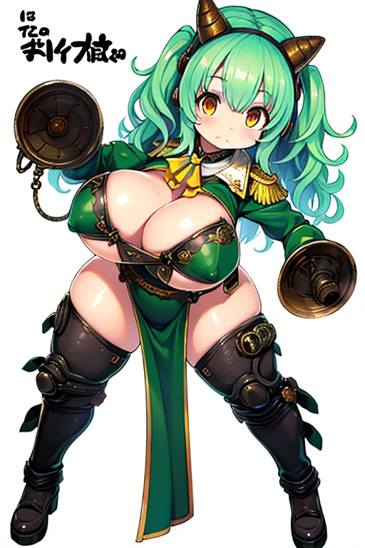 ((Live 2D)) masutepiece, 1girl in, Full body, standing straight, Steampunk clothes, military outfits, Looking at Viewer, Detailed face, Girl with green wavy hair, Bangs, Metal sheep horns, Gradient Hair, multicolored hair, light green hair, Turquoise Hair Tips, Wavy Hair, Gradient Eyes, Orange Eyes, (Simple background, White background: 1.3), nipple outlines