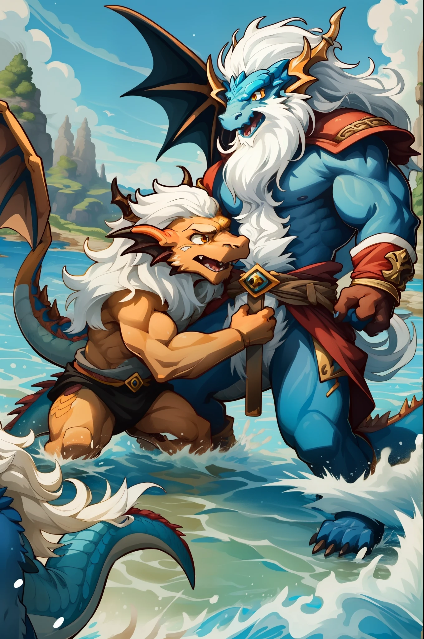 (Two old dragon kings fighting on the water:1.3),(Dragon anthropomorphism:1.3)，(Long white hair:1.2),(Long white beard:1.2)