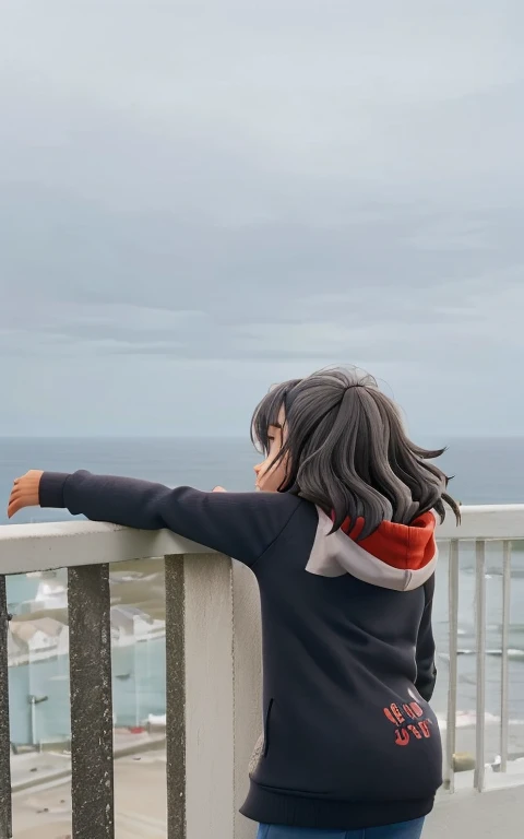 there is a woman standing on a balcony looking out at the ocean, looking off into the distance, looking into the distance, girl wearing hoodie, black haired girl wearing hoodie, looking out over the sea, looking to the sky, panoramic view of girl, gazing off into the horizon, girl looking at the ocean waves, tumblr, looking at the sky