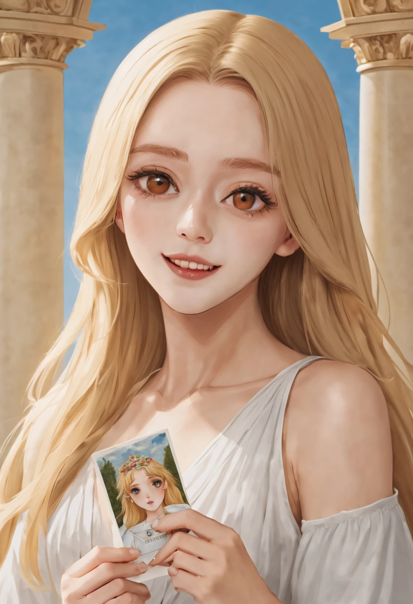 A woman holding a postcard，The postcard has a picture of the palace on the front。greek goddess style, Melon seed face, ((Elongated eyes)), Moles under the eyes,Brown eyeballs, Thin lips, Blonde hair, Very long hair, close your mouth and smile,simple backgound,White dress,tmasterpiece, Best quality at best,facing to audience, The upper part of the body,