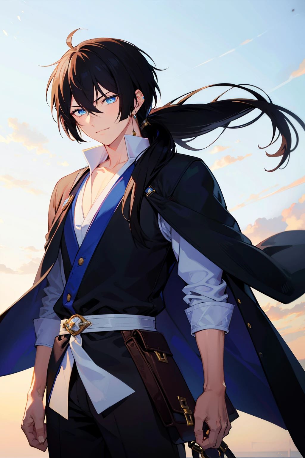 (high-quality, breathtaking),(expressive eyes, perfect face), 1boy, male, solo, young adult, black hair , deep blue coloured eyes, gentle smile, long hair, long hair tied in low ponytail, hair between eyes, fantasy clothing, white button up shirt, black pants, brown belt, small brown satchel, adventuring gear, black robe with gold trims, alone saint seiya