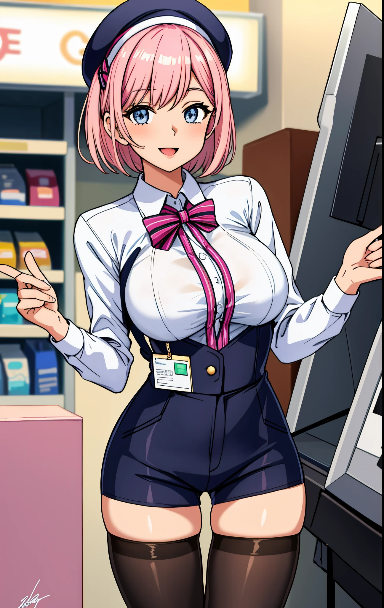 (Perfect body),Best Quality,16 K、masuter piece、(Blue and white dress)、sleeve less、(a miniskirt)、White panty、(((blush)))、:D、I have my mouth wide open、Surprised、Wavy mouth、Tsuriformes、((((asymmetrical bangs))))、Forehead、(short-hair)、(((bob cuts)))、(Pink eyes),((Pink hair)),(Sweat)、((Yellow tie))、(blue hairband)、(Big ass)、huge-breasted、(((thick thighs)))、spreading legs、Light blue striped panties、From below、Armpits、(Inside the spaceship)、
