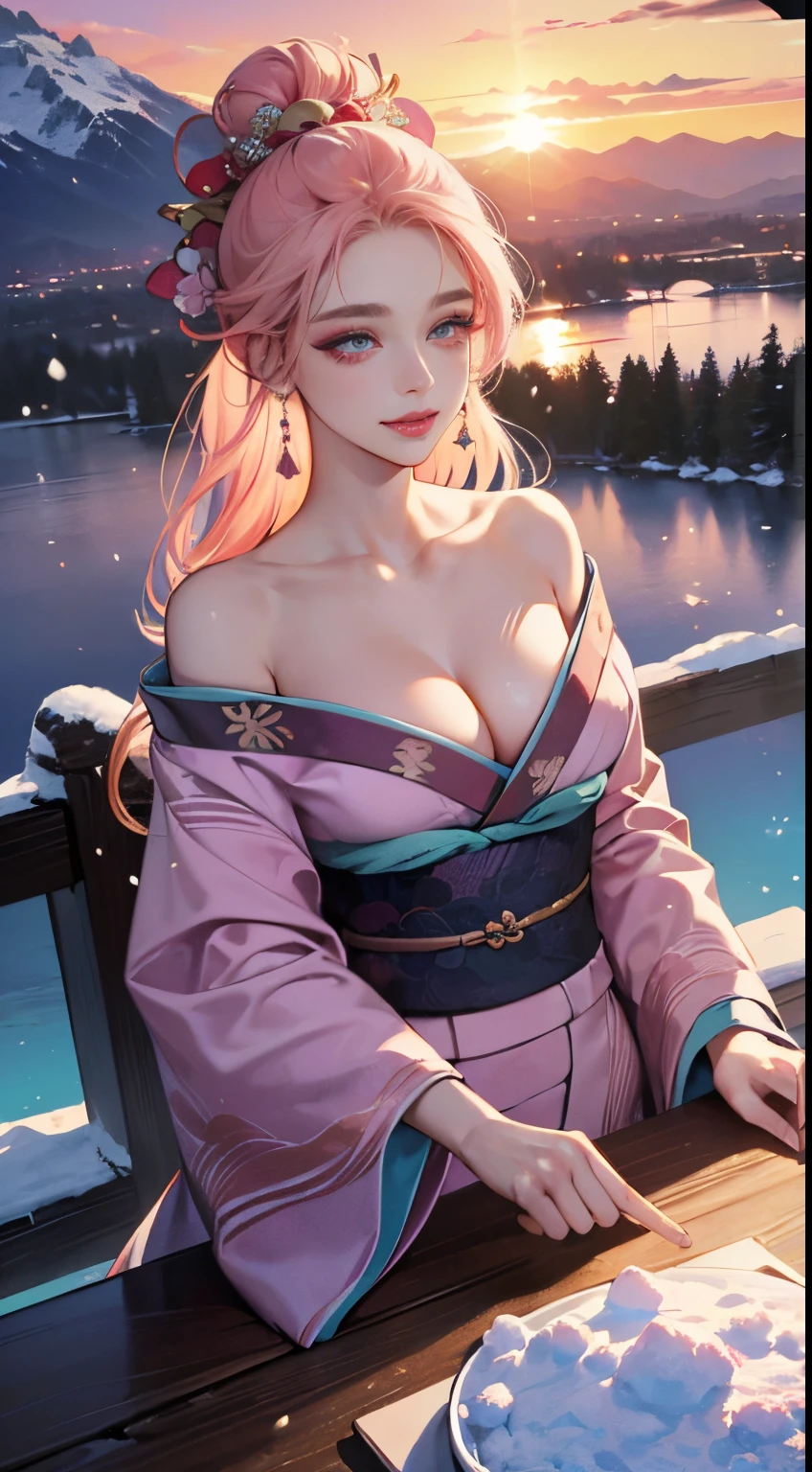 ((On the table、top-quality、Top image quality、8K、winning artwork))、A goddess、(The most gorgeous and luxurious goddess outfit:1.3)、(Goddess's most beautiful outfit in pink:1.3)、(The most luxurious pink and red long-sleeved kimono:1.3)、(upper body photos:1.1)、stlouis,Accurate dissection、The brightest smile when you look at me、(cleavage:1.2)、(show your shoulders:1.1)、(Expose beautiful legs:1.1)、(Stand gracefully:1.1)、The most complicated、The most luxurious decoration、Lots of jewelry、(tas'It snowed heavily:1.1)、dreamy snow、most complex、The most detailed background、(The background is the vast snow-capped mountains:1.2)、(The vast view from the top of the snowy mountain:1.1)、Fantastic snowscape、(Wonderful and vivid sunset:1.4)、(Spectacular cinematic lighting:1.u can see the beautiful lake at the foot of the mountain.:1.1)、(perfect make-up、Long eyelashes、Pink eyeshadow)、(Accurate dissection:1.2)