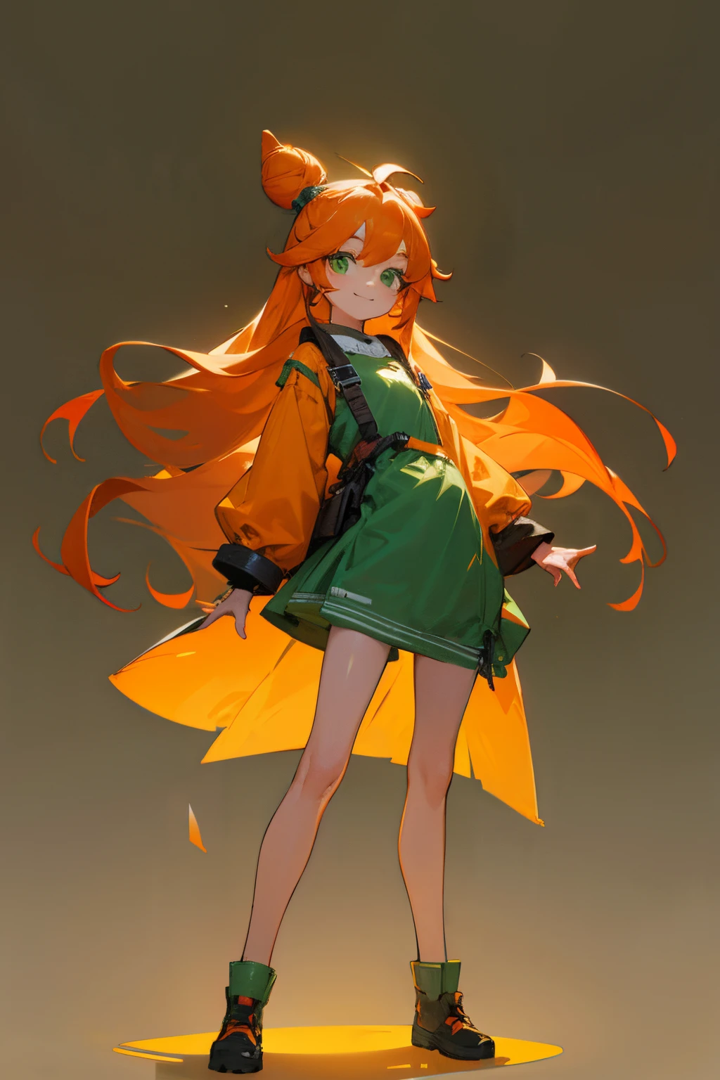 ???, orange hair, green eyes, bun on top head, full body, long hair, smile, front view, standing