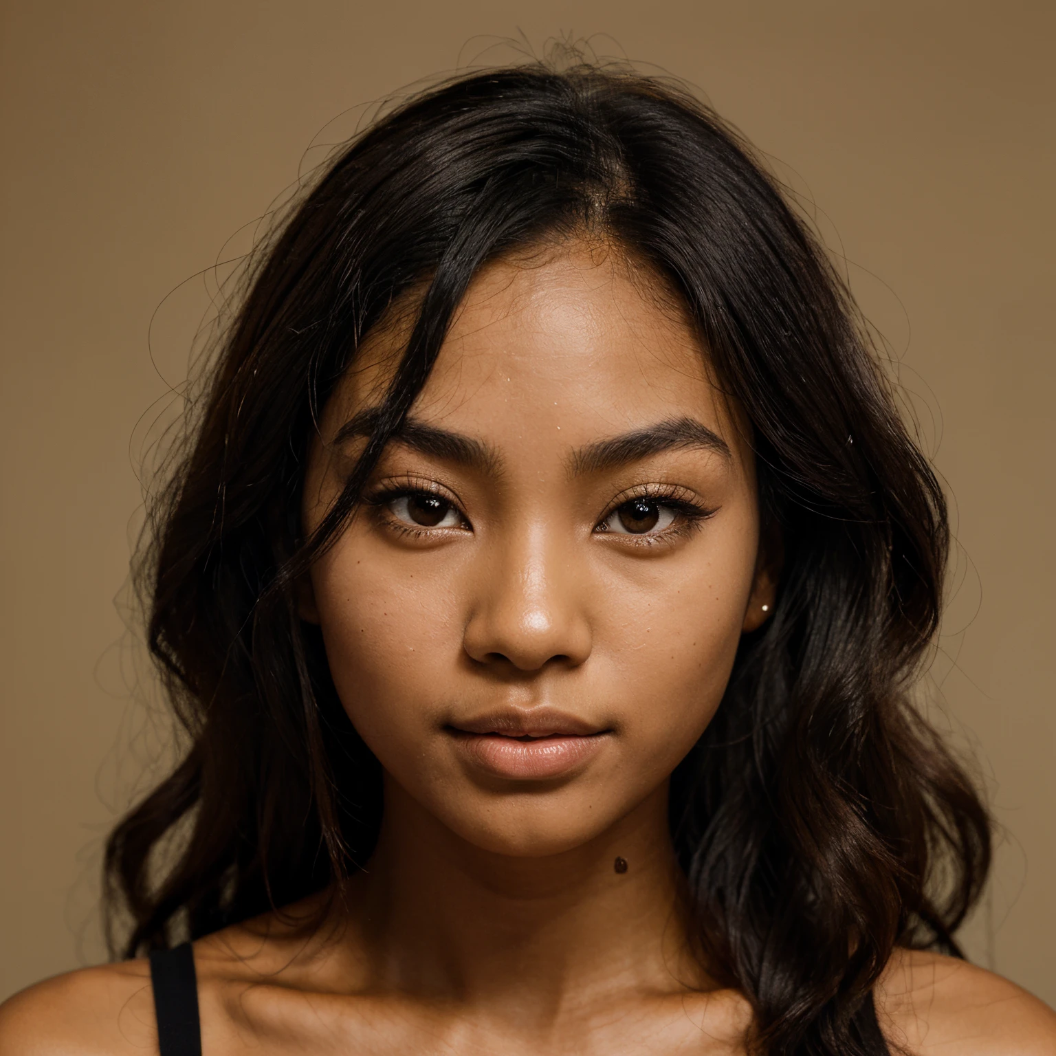 Black Asian Woman with yellow tan skin, small bumpy nose, small round lips, dark brown almond close set eyes, thin Small eyebrows, full cheeks, round face, long black curly hair
