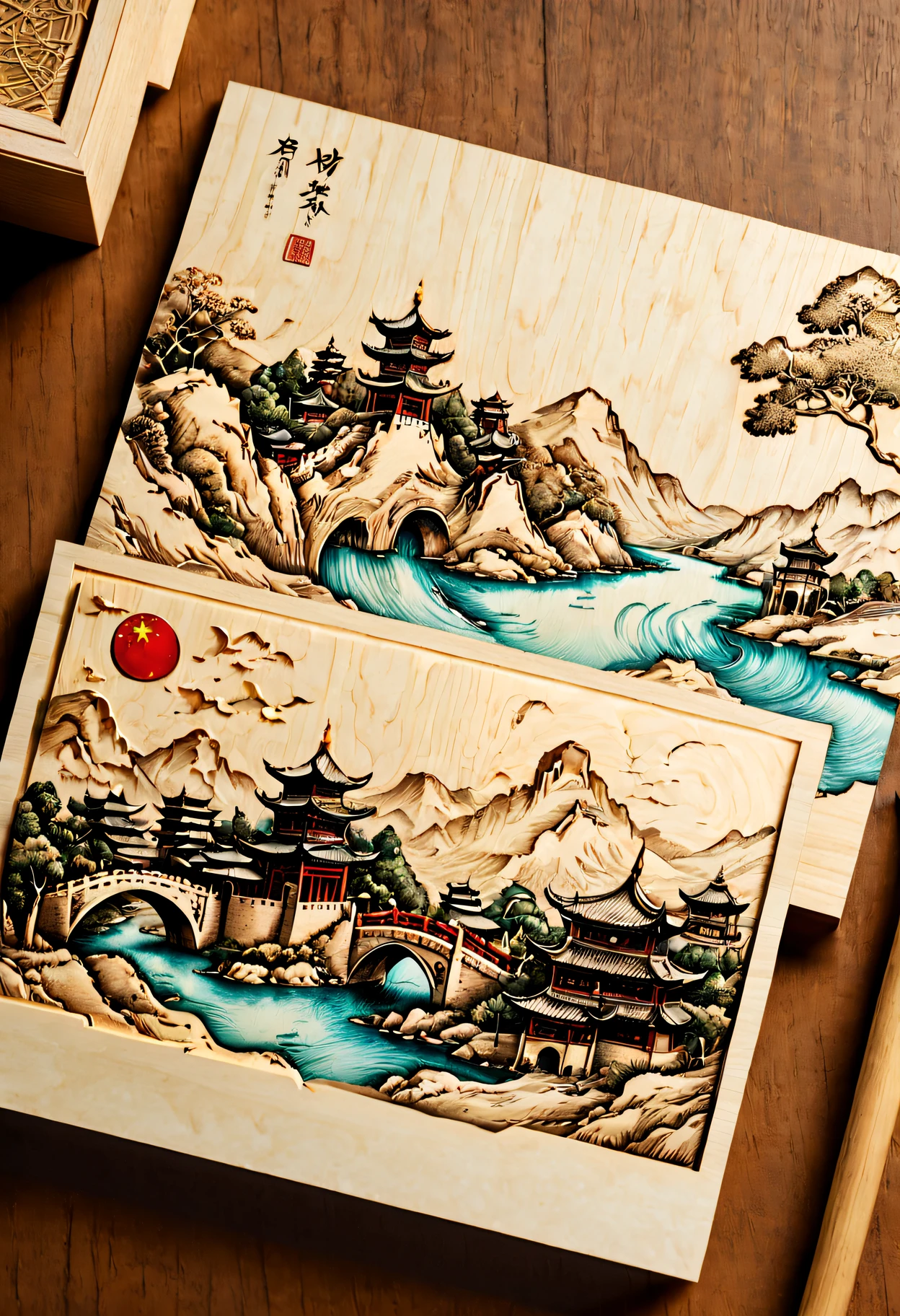 Postcard front and back design, concept design，Close-up of the front and back of a postcard with a picture of a city, laser cut, wooden decoration, High-quality sketches, A piece of wood, Very detailed pictures, rubber stamp, Handmade, whole card, hyper detailed photo, Detailed landscapes, pyrography, super detailed picture, Pleasant,engraved, Highly detailed etching, intricate engraving, In the style of sketchfab, Chinese traditional, precisionist lines, light gold, Holographic printing, Accurate terrain, Full of hidden details, discrete cosine transform