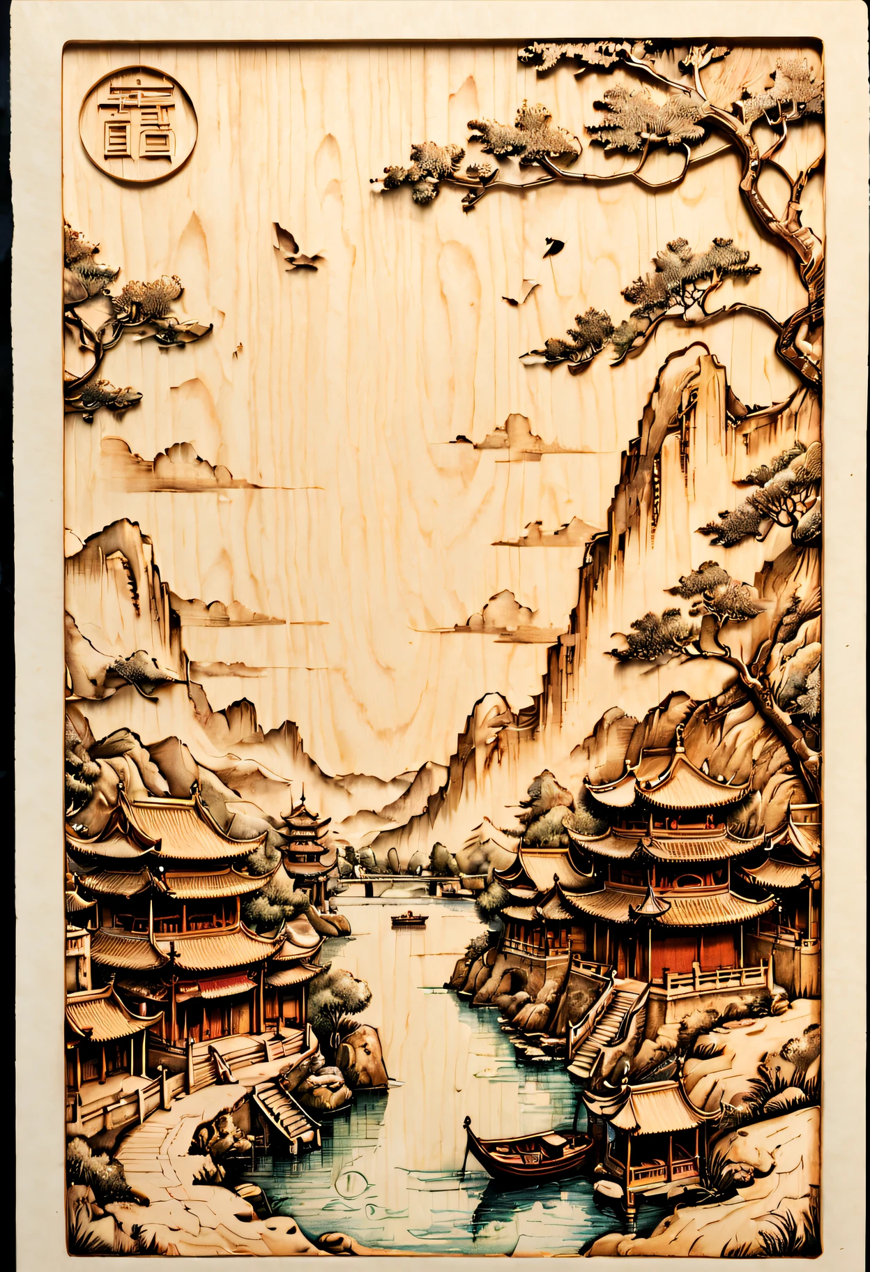 Postcard front and back design, concept design，Close-up of the front and back of a postcard with a picture of a city, laser cut, wooden decoration, High-quality sketches, A piece of wood, Very detailed pictures, rubber stamp, Handmade, whole card, hyper detailed photo, Detailed landscapes, pyrography, super detailed picture, Pleasant,engraved, Highly detailed etching, intricate engraving, In the style of sketchfab, Chinese traditional, precisionist lines, light gold, Holographic printing, Accurate terrain, Full of hidden details, discrete cosine transform