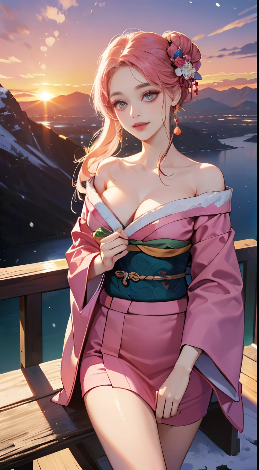 ((On the table、top-quality、Top image quality、8K、winning artwork))、A goddess、(The most gorgeous and luxurious goddess outfit:1.3)、(Goddess&#39;s most beautiful outfit in pink:1.3)、(The most luxurious pink and red long-sleeved kimono:1.3)、(upper body photos:1.1)、stlouis，Accurate dissection、The brightest smile when you look at me、(cleavage:1.2)、(show your shoulders:1.1)、(Expose beautiful legs:1.1)、(Stand gracefully:1.1)、The most complicated、The most luxurious decoration、Lots of jewelry、(tas&#39;It snowed heavily:1.1)、dreamy snow、most complex、The most detailed background、(The background is the vast snow-capped mountains:1.2)、(The vast view from the top of the snowy mountain:1.1)、Fantastic snowscape、(Wonderful and vivid sunset:1.4)、(Spectacular cinematic lighting:1.1)、(You can see the beautiful lake at the foot of the mountain.:1.1)、(perfect make-up、Long eyelashes、Pink eyeshadow)、(Accurate dissection:1.2)