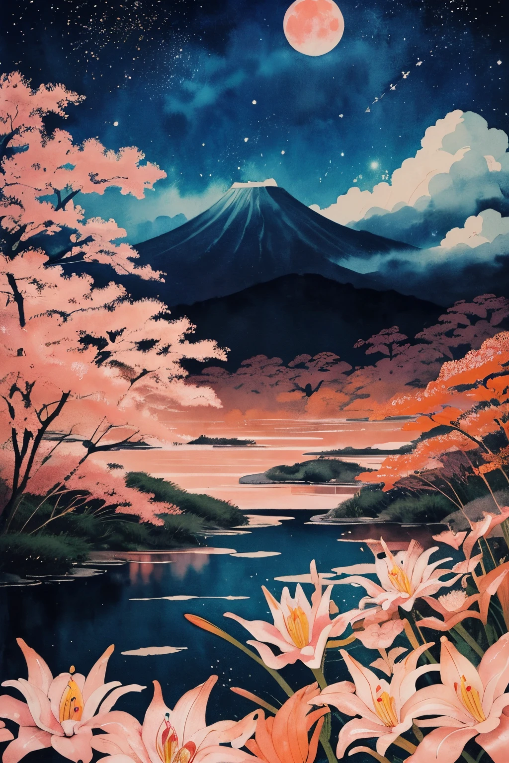 japanese painting, Ukiyo-e style, Art Book, ultra-quality, postcard, orange, pink and white lily, night view of a background, Big Moon, Stars, ink and watercolor painting. watercolor paiting, Wet with wet and sputtering technology, abstraction, Splash paint, Clouds wet and wet technique, Rice Paper Texture