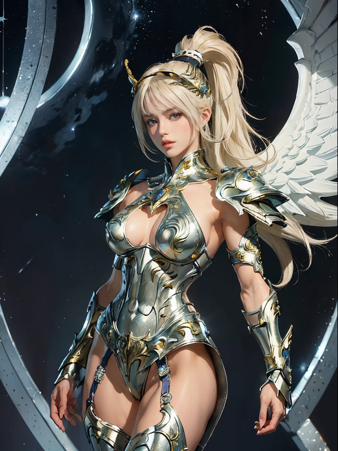 (((of the highest quality: 1.4))),(unparalleled masterpiece ever), (Ultra high definition),(Ultra realistic 8K CG), (((adult body))), (((1girl in))), ((( Short ponytail hair ))),  perfect bodies,,Beautiful and well-groomed face, (muscular body:1.4), (Saint Seiya God pegasus cloth, headgear, white hair ornament), Detailed breastplate, gauntlets、is standing, (Image from head to thigh),(( White Blonde Shorthair )),, Simon Bisley's urban savage style,Detailed ancient Roman background,Clean abs, Complex equipment, gold with blue stars and gold and blue stripes, pegasus cloth armor, Poison tattoo,  (Thin pink lips: 0.8)