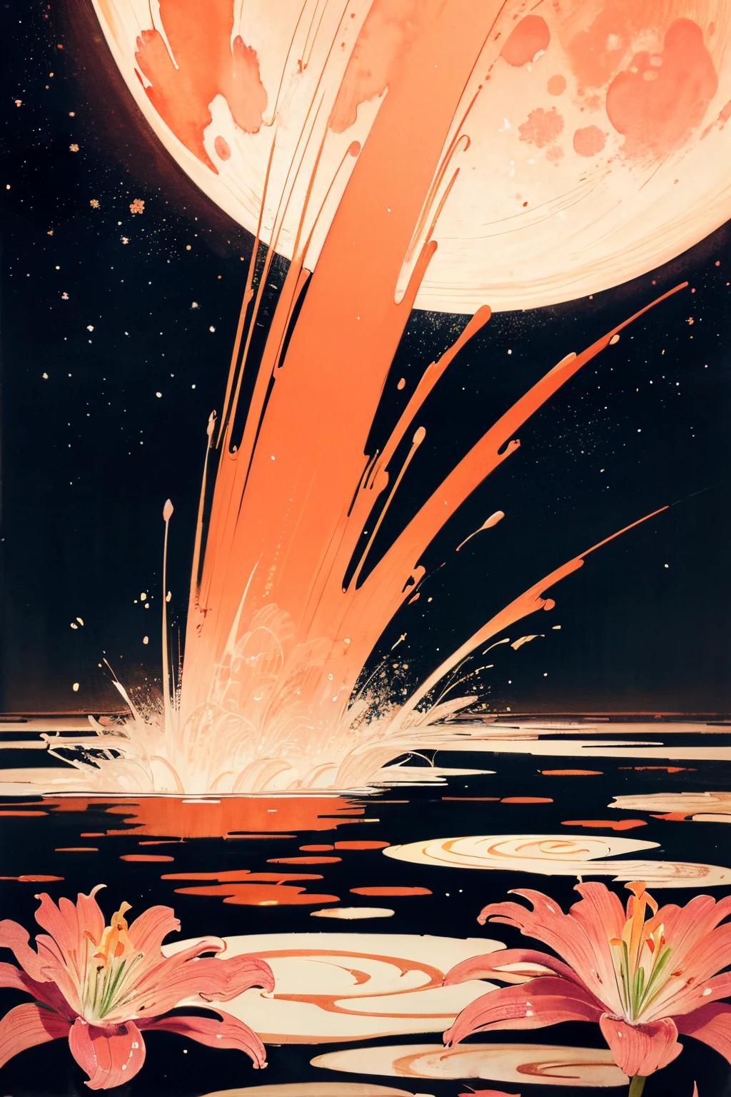 Japanese style drawing, ukiyo-e style, art, super high quality, postcards, orange, pink and white lily, background night scene, big moon, stars, ink painting. watercolor, wet on wet and sputtering technique, abstraction, splash paint, clouds wet to wet techniques, rice paper texture