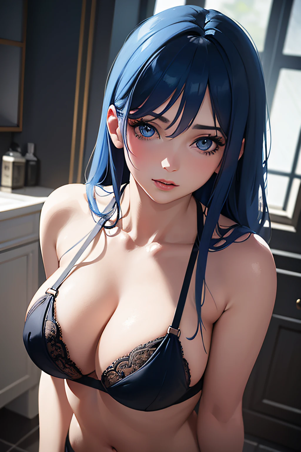 A blue hair girl, beautiful detailed eyes, beautiful detailed lips, extremely detailed eyes and face, long eyelashes, is standing in the bathroom wearing a bra and panty set that says BLACKED on them. (best quality, 4k, 8k, highres, masterpiece:1.2), ultra-detailed, (realistic, photorealistic, photo-realistic:1.37), HDR, UHD, studio lighting, ultra-fine painting, sharp focus, physically-based rendering, extreme detail description, professional, vivid colors, bokeh, portraits, blue-toned, soft lighting