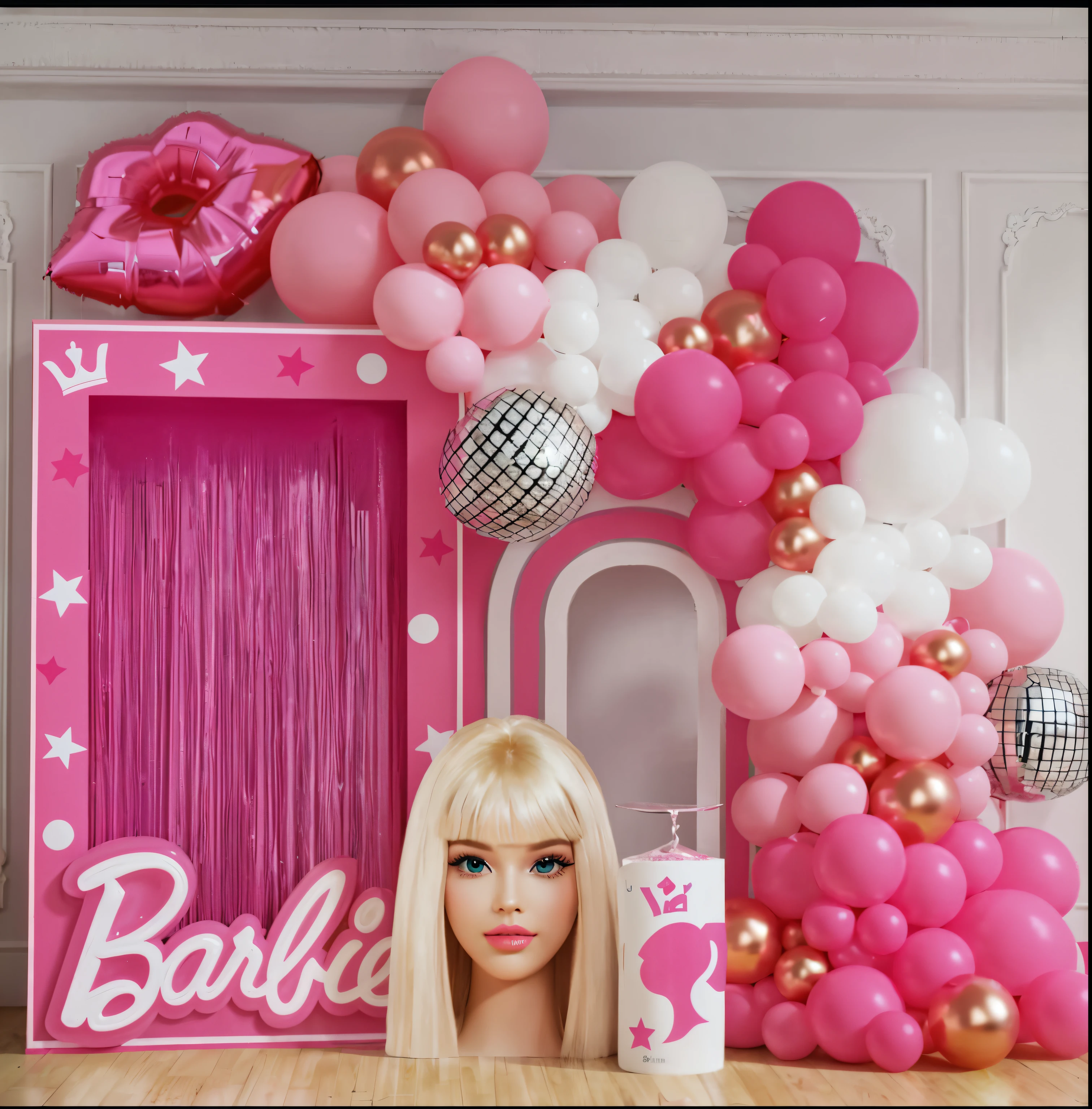 Close-up of Barbie with pink and white balloon arches, Barbie, pink iconic character, party balloons, Barbie or Ken dolls, Aesthetic!!, highly aesthetic, artist unknown, pink arches, bubblegum pop, Girly heart, Very aesthetic!, foamy, bubble gum, fantasy themed，hyper realistic, photograph of-realistic,A photograph, A car，Face with golden proportions，High quality aesthetic, 8K, best quality, masterpiece， （Realistic：1.2），50mm， F1.2， EOS-1D X Mark III