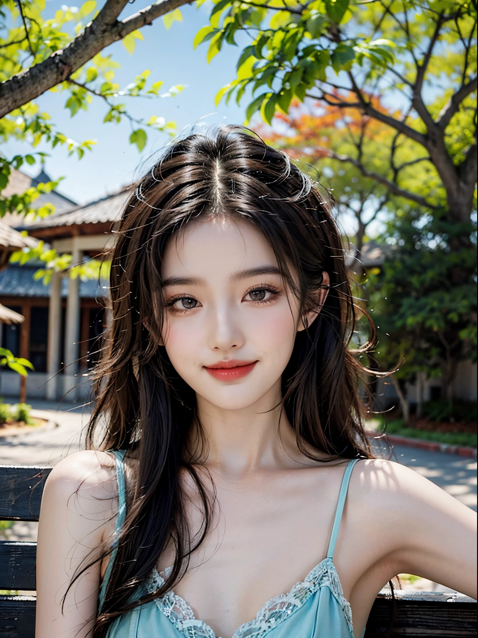 short,camisole,fashi-girl, liuyifei,(best quality,4k,8k,highres,masterpiece:1.2),ultra-detailed,realistic:1.37,portrait,beautiful girl,youthful female model,sweet girl,masterpiece,extremely detailed description,super fine painting,exquisite face,slim figure,long legs,smile,radiant smile, Sitting on the bench of the gazebo, autumn, autumn wind and leaves
