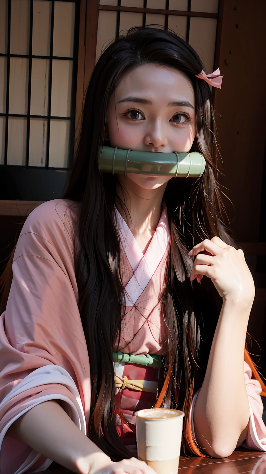 Nezuko, sitting in cafe, holding a coffee cup, kamado nezuko, 1girl, bamboo, bit gag, brown hair, checkered sash, gag, gagged, gradient hair, hair ribbon, haori, japanese clothes, kimono, long hair, looking at viewer, multicolored hair, orange hair, pink eyes, pink kimono, pink ribbon, ribbon, solo, upper body, ((masterpiece))