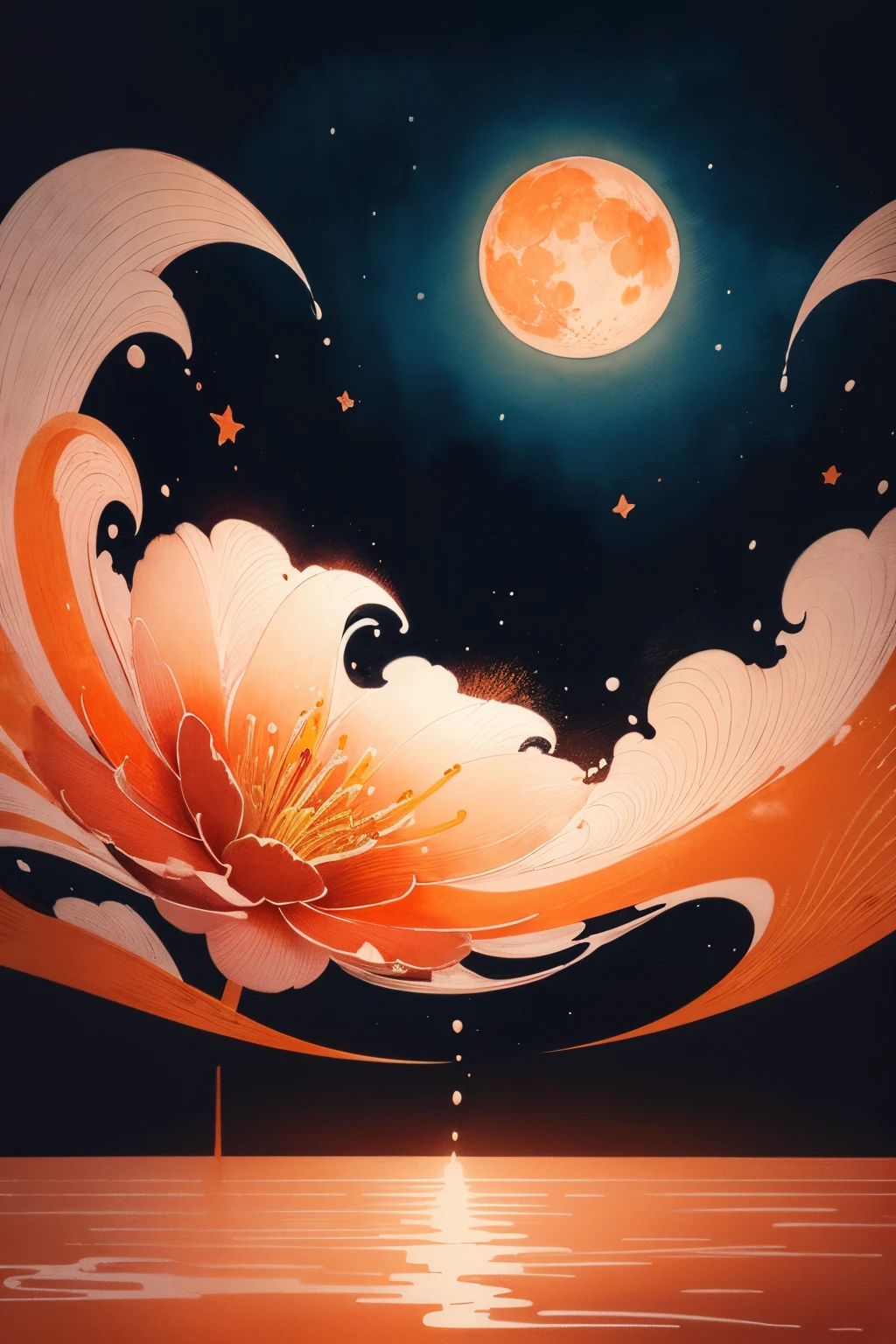 Japanese style drawing, ukiyo-e style, art, super high quality, postcards, orange, pink and white lily, background night scene, big moon, stars, ink painting. watercolor, wet on wet and sputtering technique, abstraction, splash paint, clouds wet to wet techniques, rice paper texture