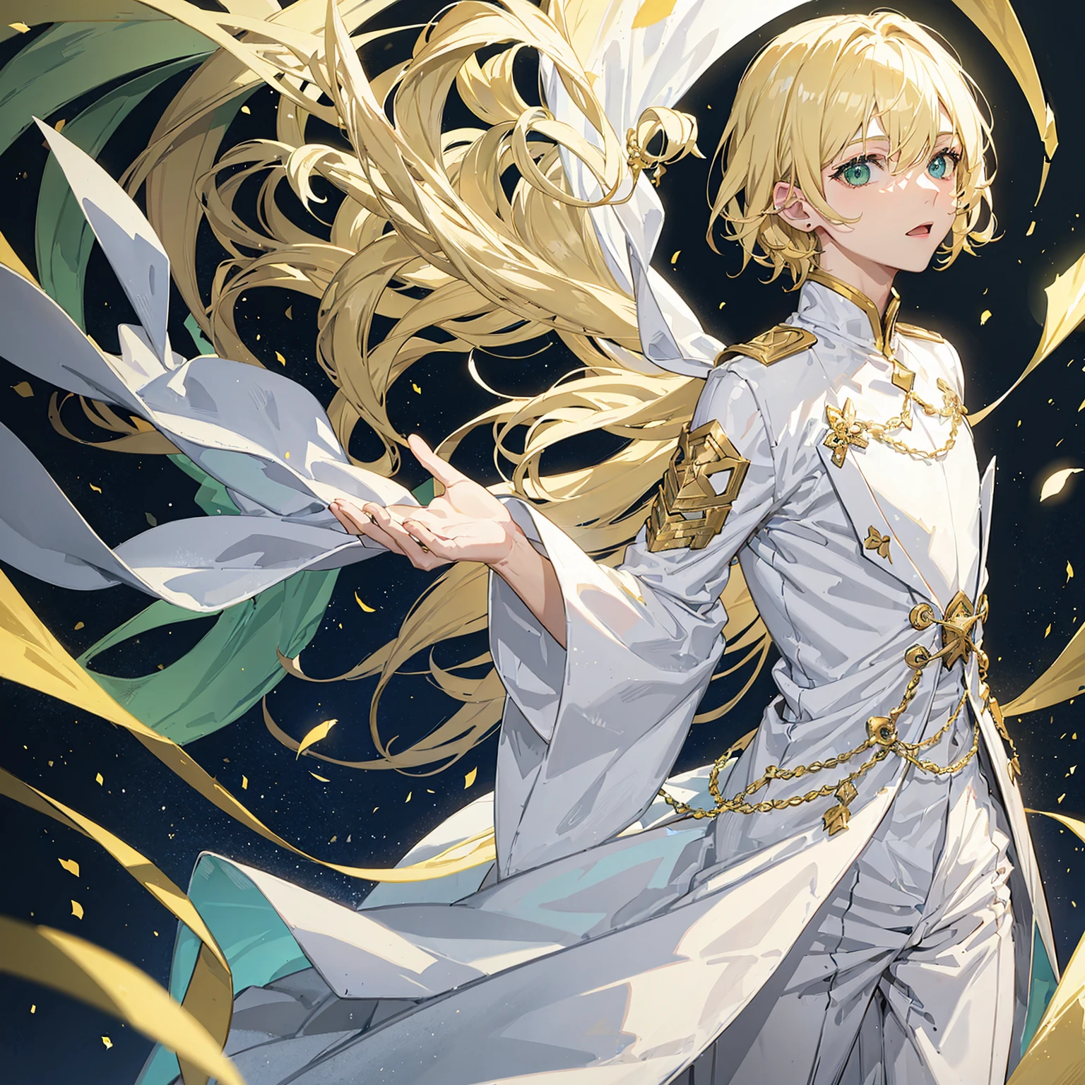 1 boy(9 years),blonde hair,green eyes,wearing a white intricate fantasy suit