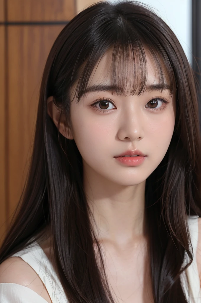 A photo portrait of a Japanese cute girl.beautiful.kawaiilike idol.brown long hair.Her bangs are parted and her forehead is exposed.symmetrical face.front facing.front facing.looking at camera. studio lighting, 8k. Dramatic, professional photography, UHD,photorealistic.35mmlens,f/1.8,
