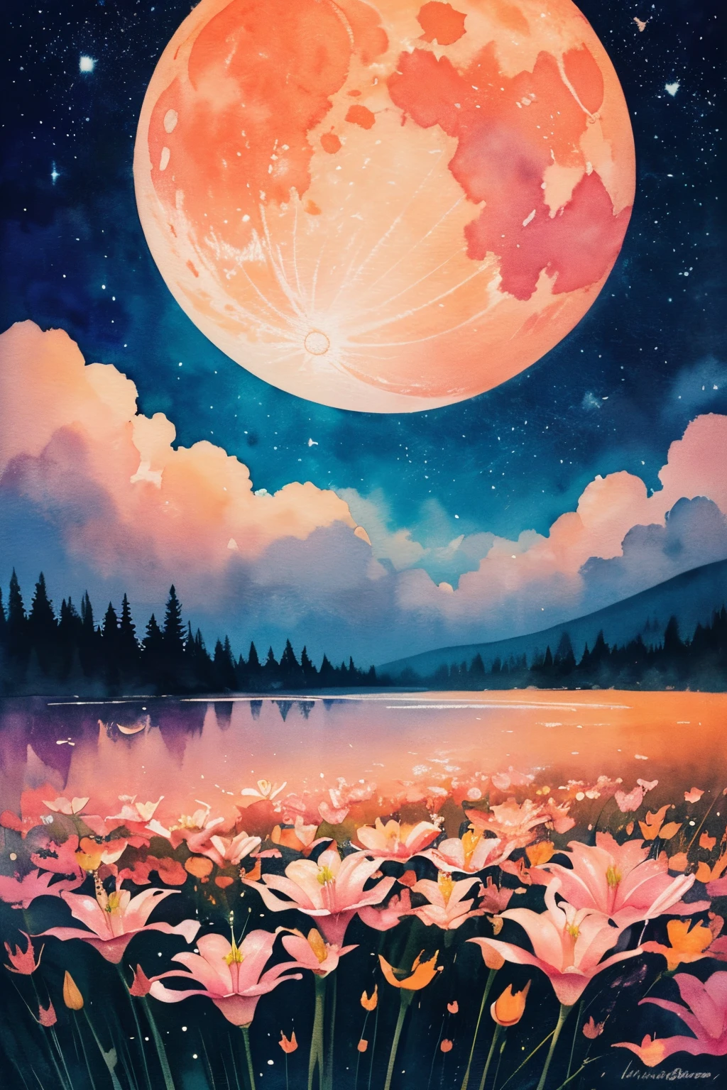 ultra-quality, postcard, orange, pink and white lily, night view of a background, Big Moon, Stars, ink and watercolor painting. watercolor paiting, Wet with wet and sputtering technology, abstraction, Splash paint, Clouds wet and wet technique, Rice Paper Texture