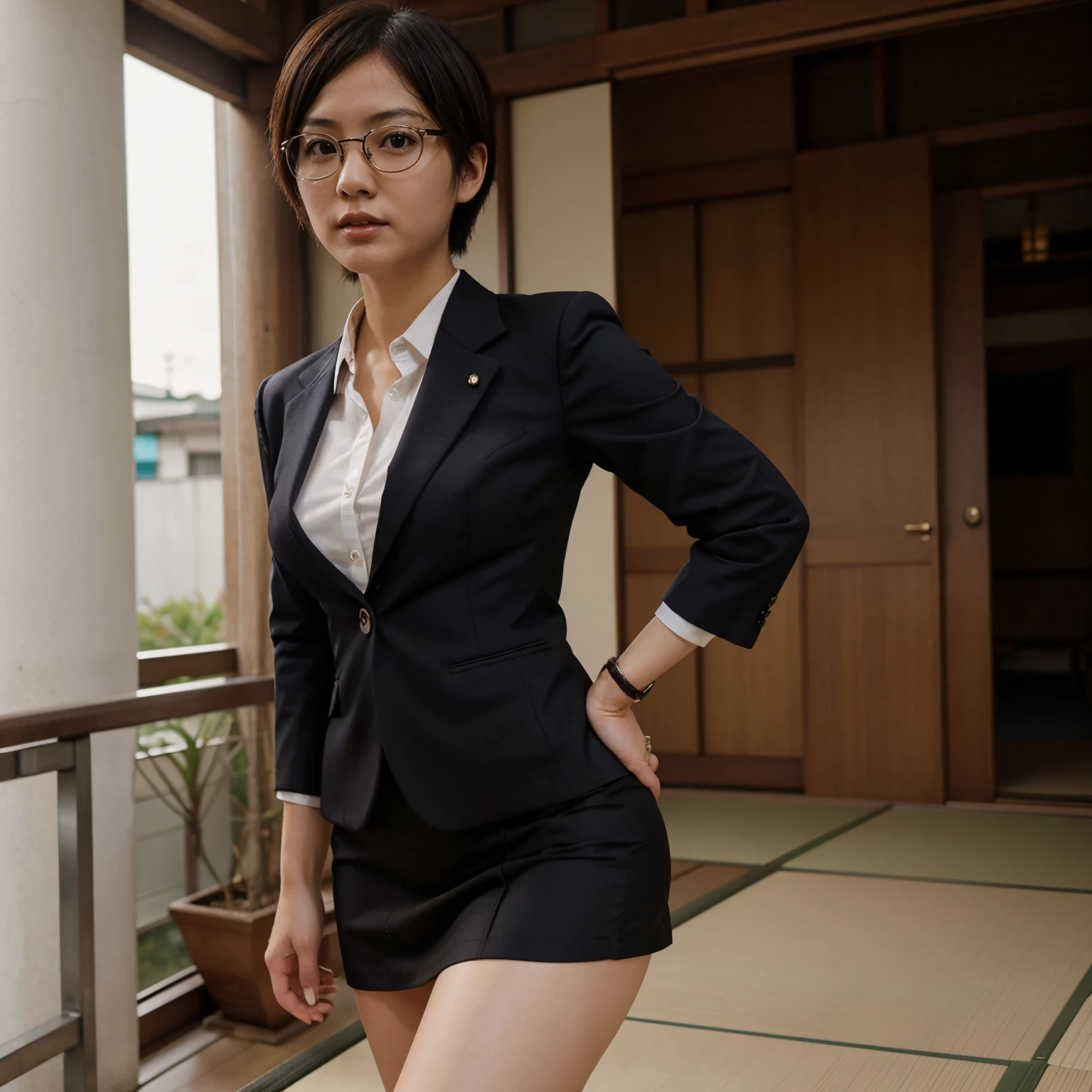 Japanese girl, short cut, round glasses, business suit, tight skirt