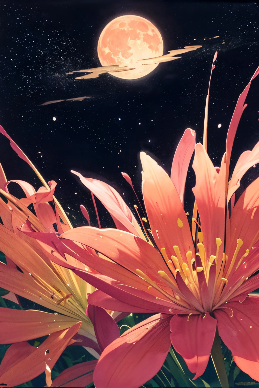 ultra-quality, postcard, orange, pink and white lily, night view of a background, Big Moon, Stars, ink and watercolor painting. watercolor paiting, Wet with wet and sputtering technology, abstraction, Splash paint, Clouds wet and wet technique, Rice Paper Texture